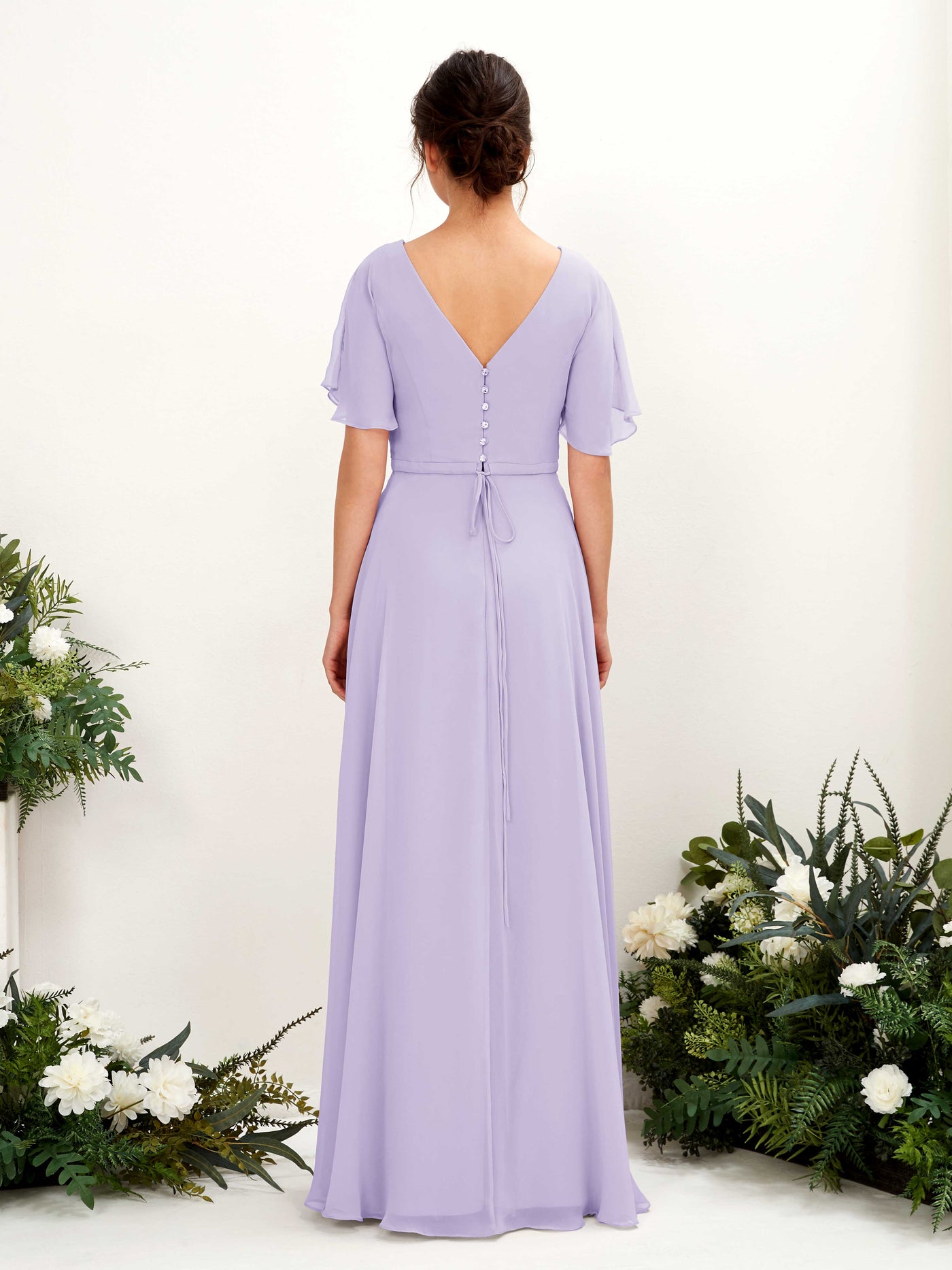 Carlyna Vestido Línea A Escote en V Escote cruzado Manga con vuelo Hasta el suelo Vestidos de dama de honor Lila #color_lila