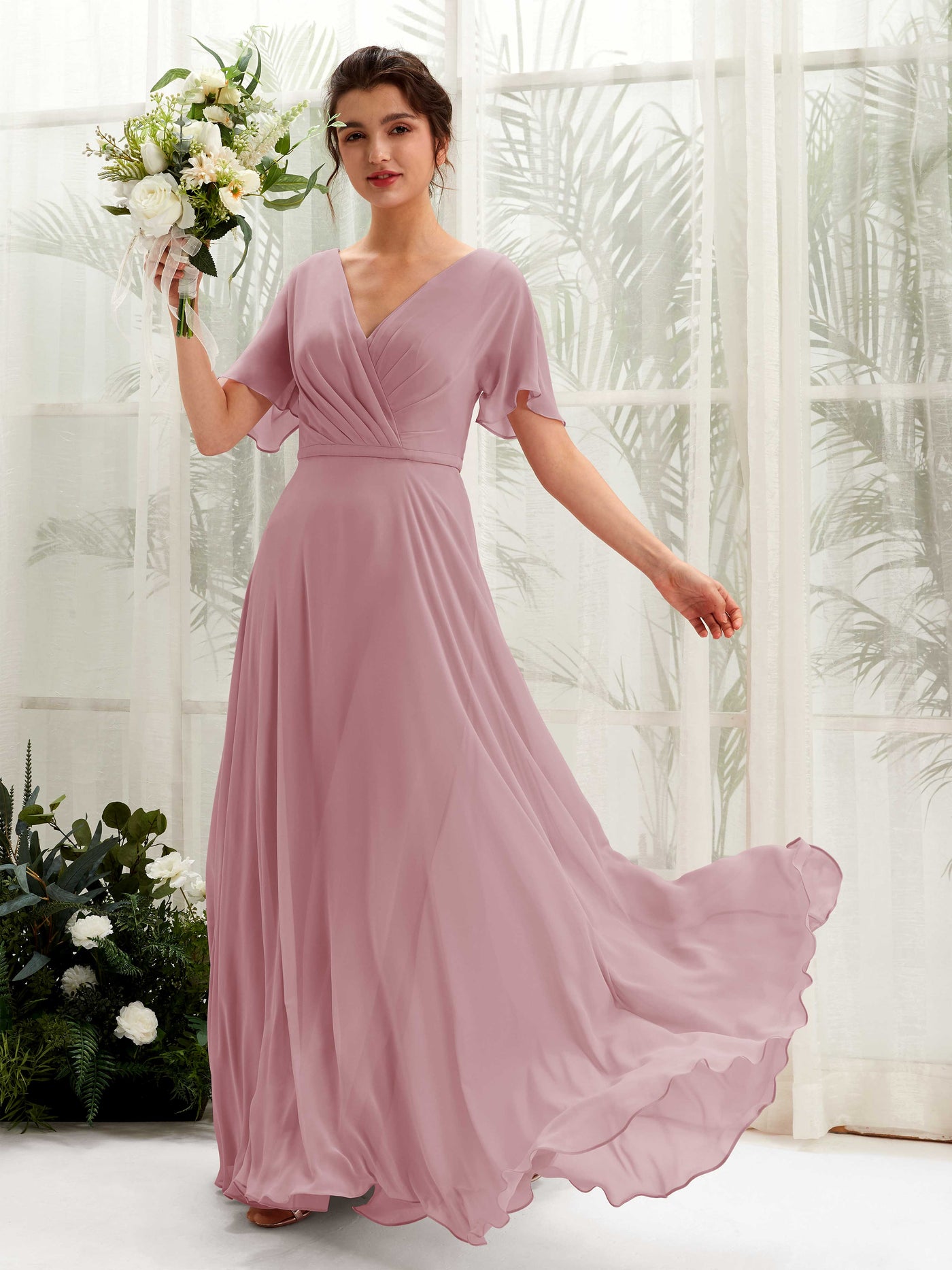 Carlyna Vestido Línea A Escote en V Escote cruzado Manga con vuelo Hasta el suelo Vestidos de dama de honor Malva Clásico #color_malva-cl-sico