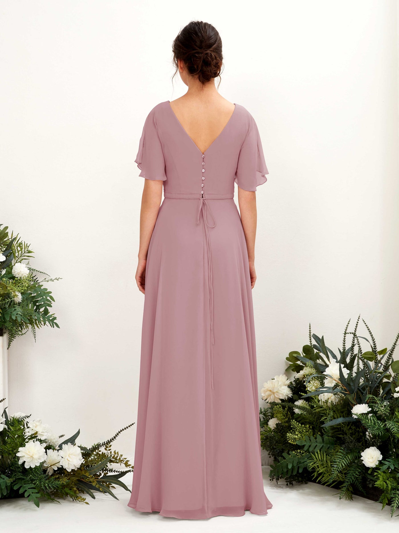 Carlyna Vestido Línea A Escote en V Escote cruzado Manga con vuelo Hasta el suelo Vestidos de dama de honor Malva Clásico #color_malva-cl-sico