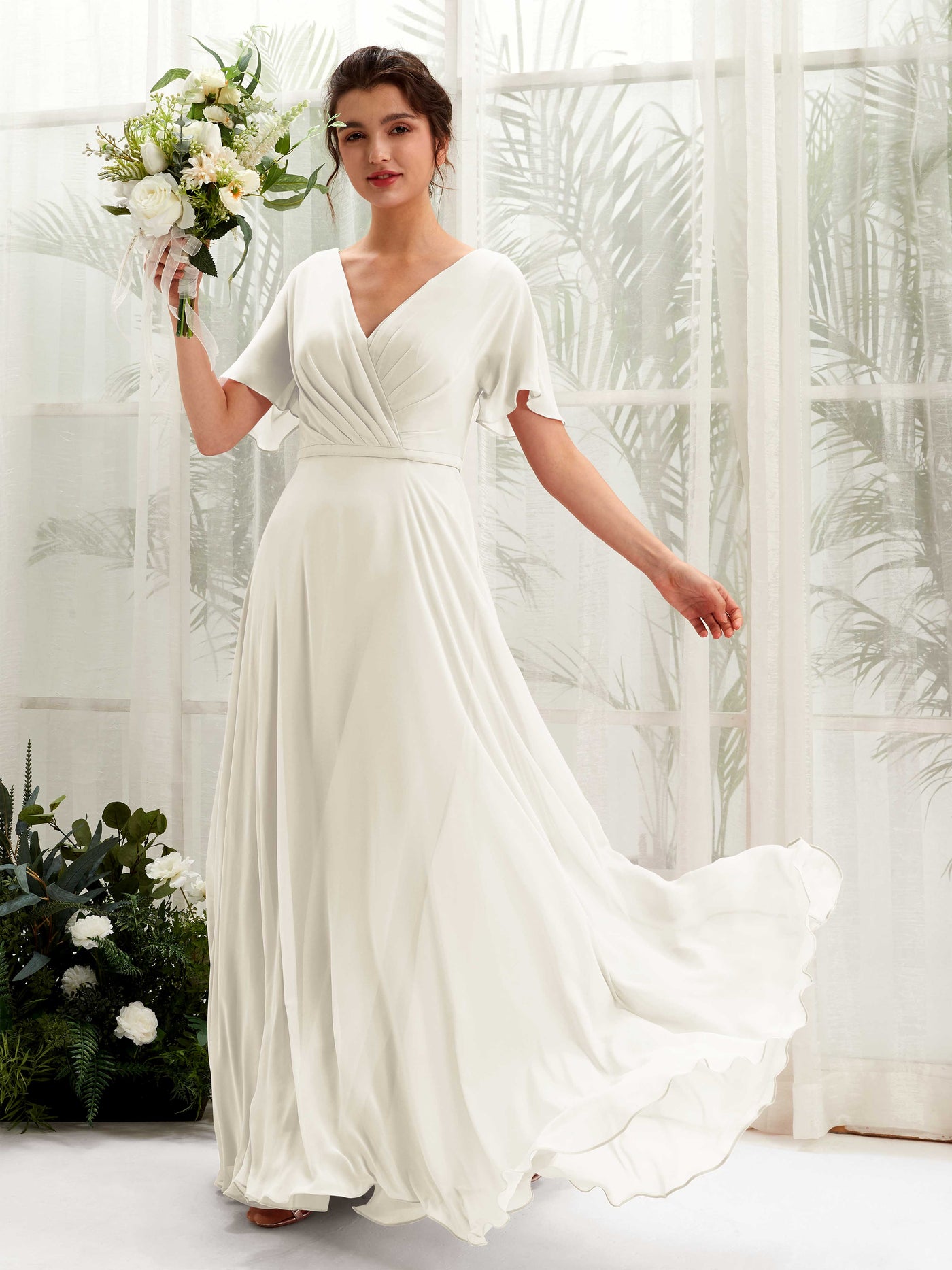Carlyna Vestido Línea A Escote en V Escote cruzado Manga con vuelo Hasta el suelo Vestidos de dama de honor Marfil #color_marfil