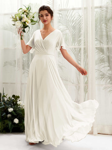 Carlyna Vestido Línea A Escote en V Escote cruzado Manga con vuelo Hasta el suelo Vestidos de dama de honor Marfil #color_marfil