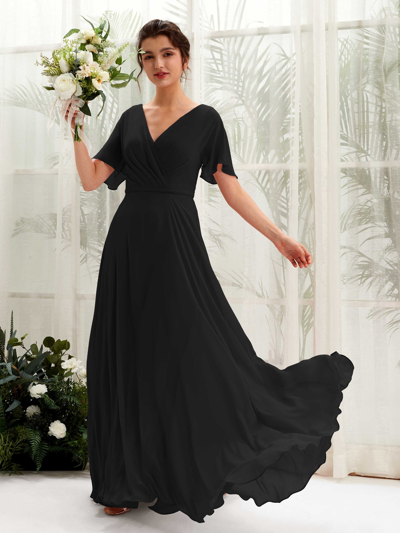 Carlyna Vestido Línea A Escote en V Escote cruzado Manga con vuelo Hasta el suelo Vestidos de dama de honor Negro #color_negro