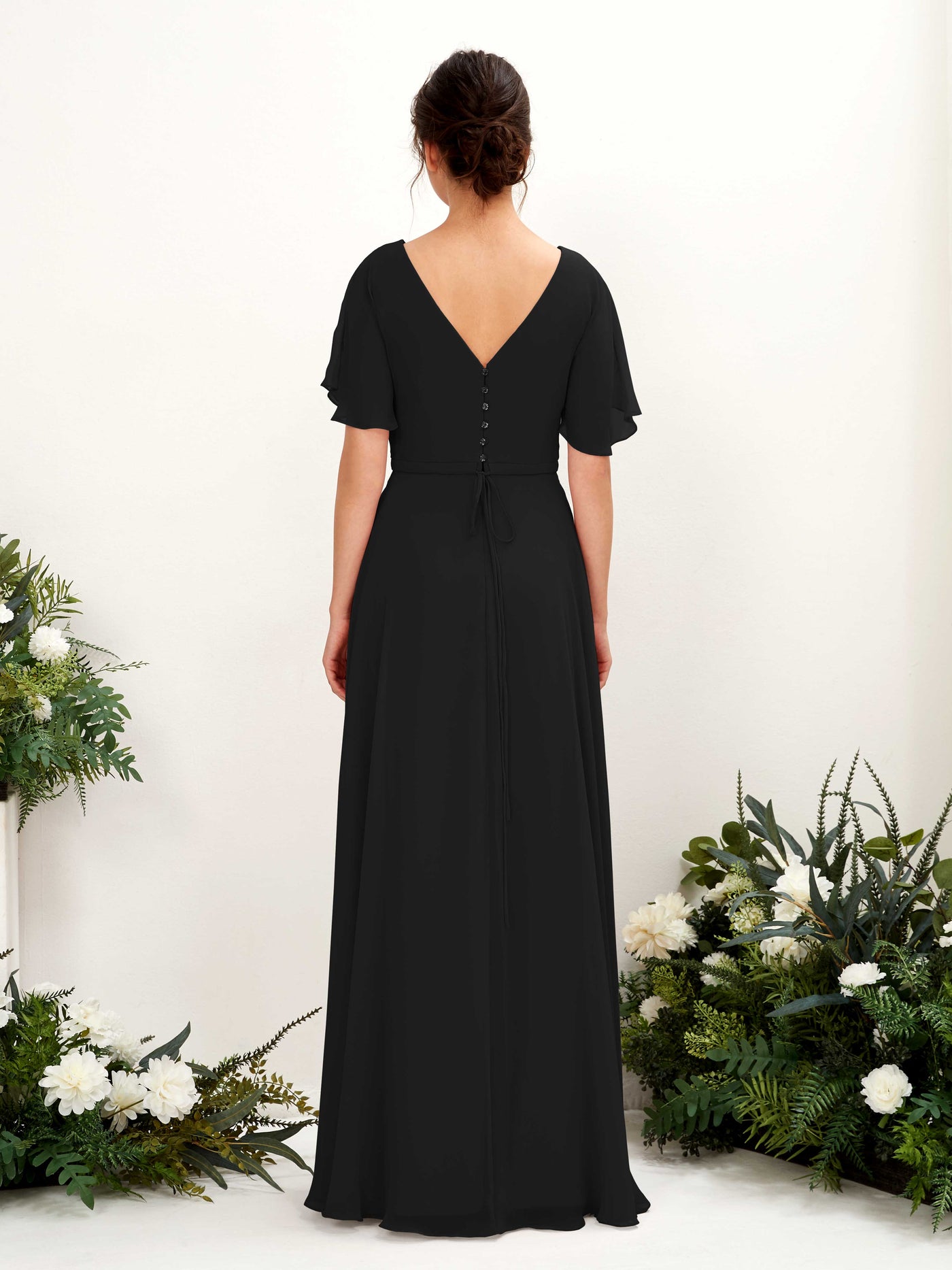 Carlyna Vestido Línea A Escote en V Escote cruzado Manga con vuelo Hasta el suelo Vestidos de dama de honor Negro #color_negro