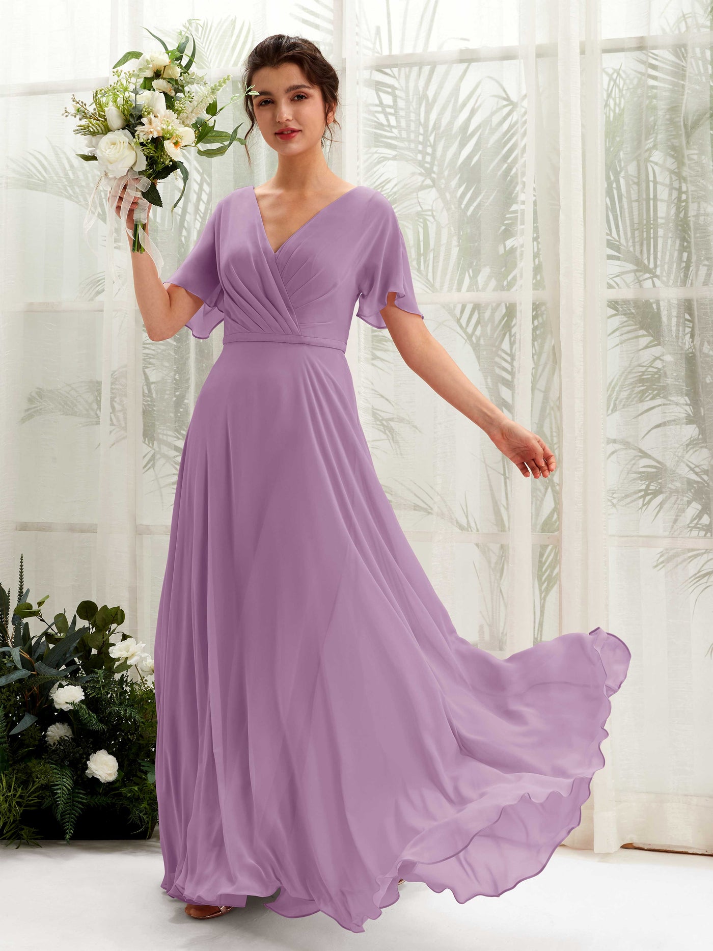 Carlyna Vestido Línea A Escote en V Escote cruzado Manga con vuelo Hasta el suelo Vestidos de dama de honor Niebla Orquídea #color_niebla-orqu-dea
