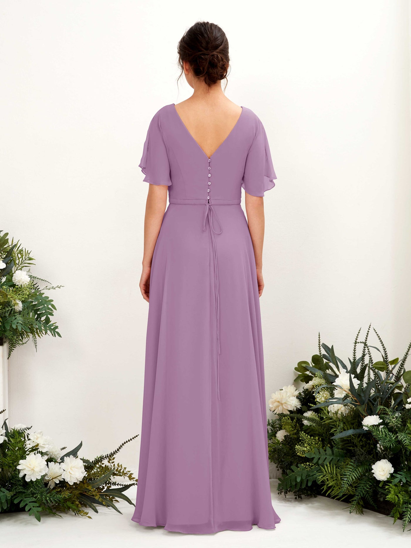 Carlyna Vestido Línea A Escote en V Escote cruzado Manga con vuelo Hasta el suelo Vestidos de dama de honor Niebla Orquídea #color_niebla-orqu-dea