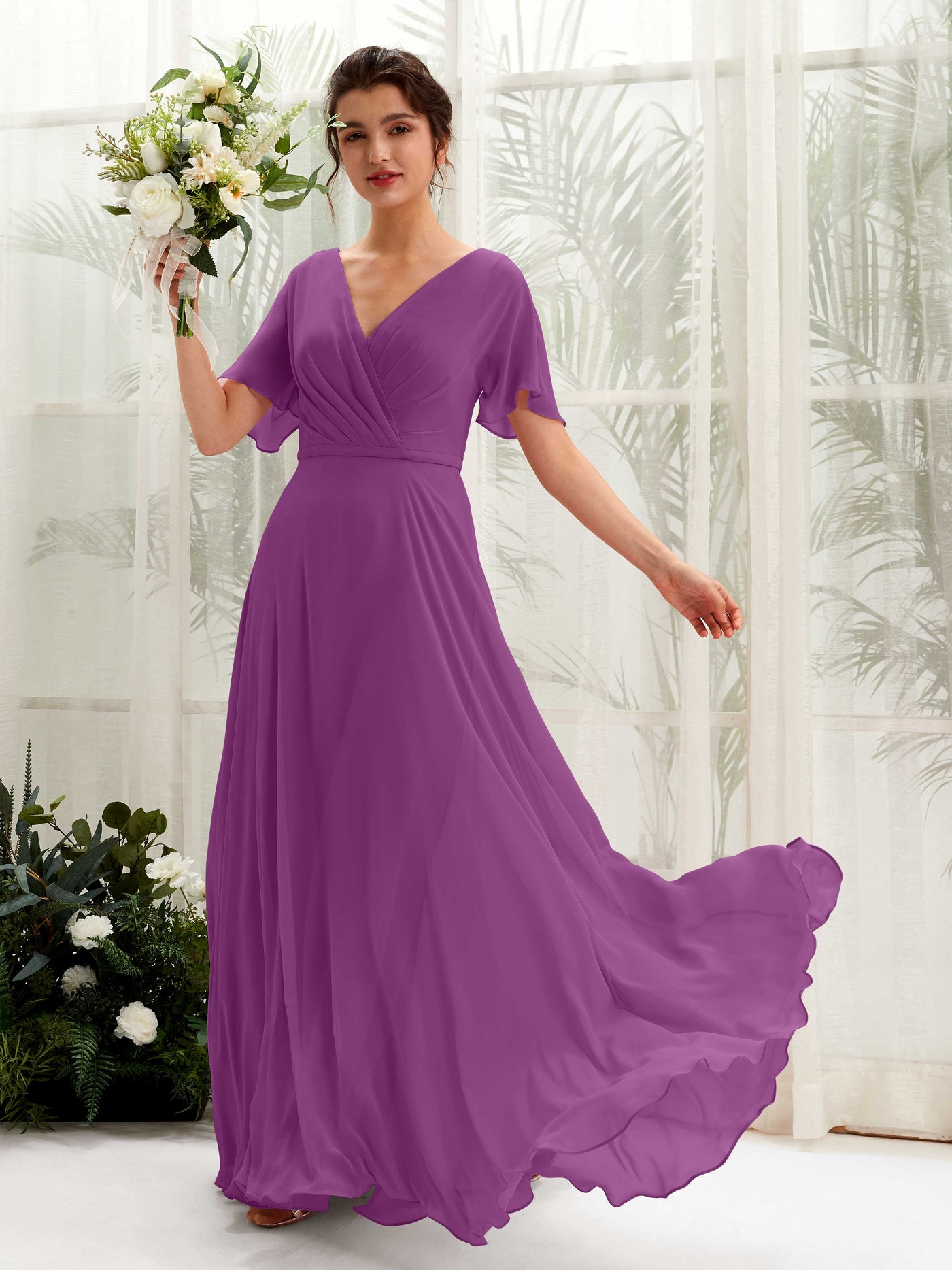 Carlyna Vestido Línea A Escote en V Escote cruzado Manga con vuelo Hasta el suelo Vestidos de dama de honor Púrpura #color_p-rpura