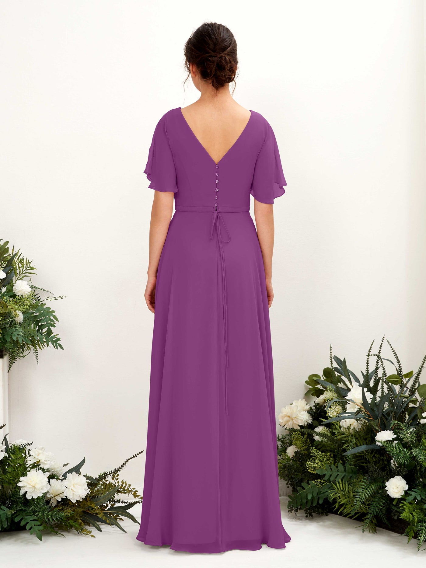 Carlyna Vestido Línea A Escote en V Escote cruzado Manga con vuelo Hasta el suelo Vestidos de dama de honor Púrpura #color_p-rpura