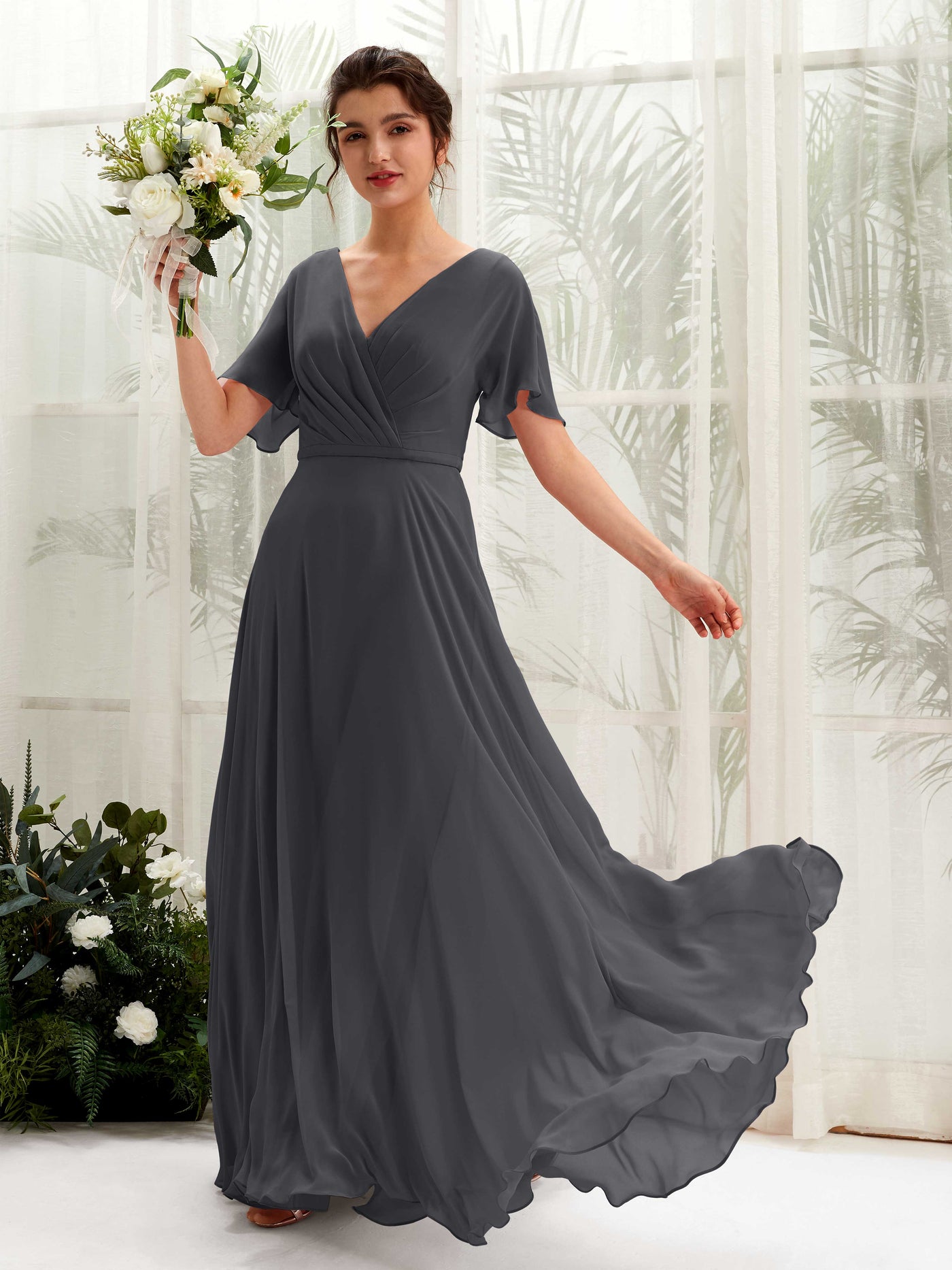 Carlyna Vestido Línea A Escote en V Escote cruzado Manga con vuelo Hasta el suelo Vestidos de dama de honor Peltre #color_peltre