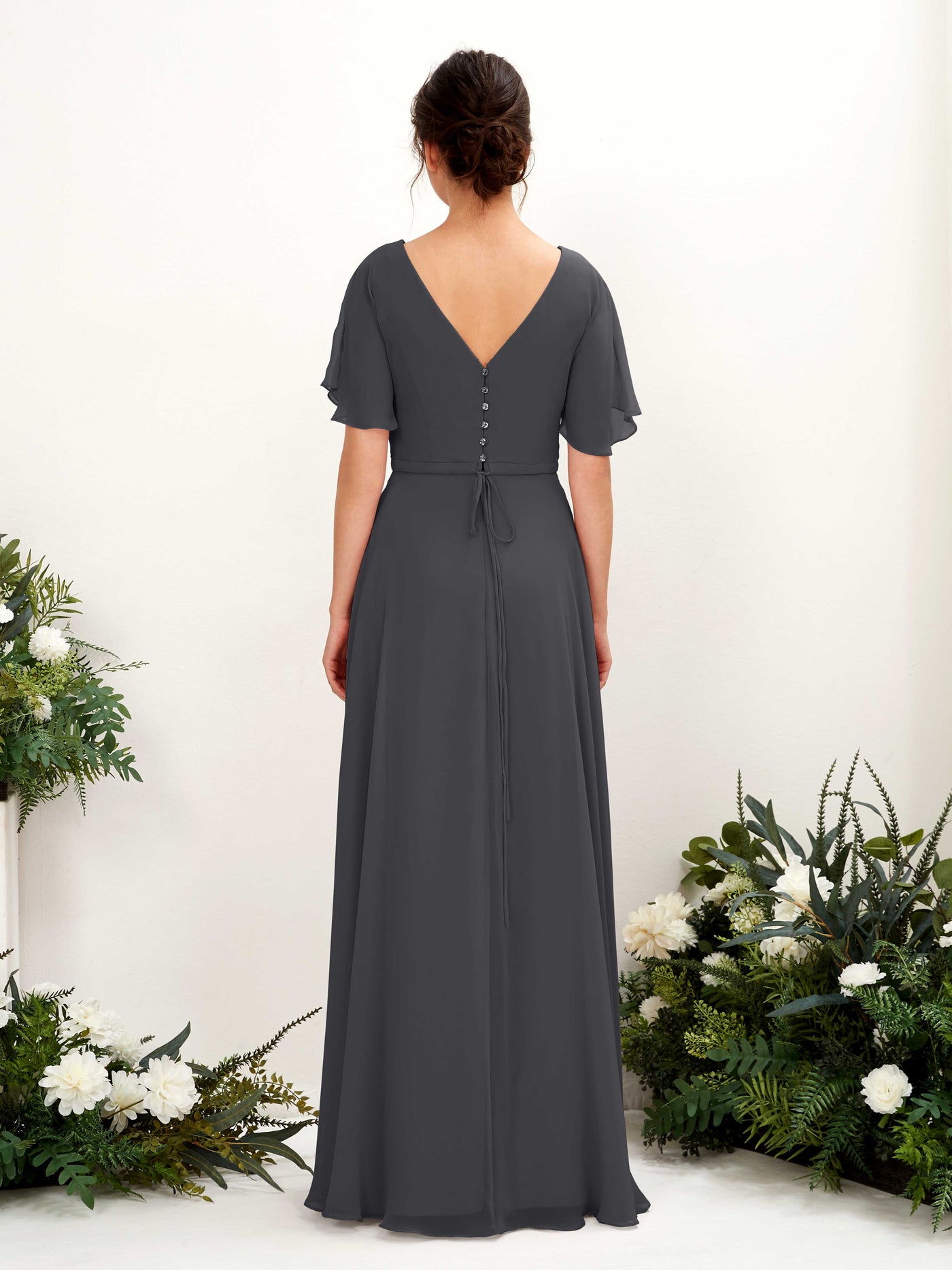 Carlyna Vestido Línea A Escote en V Escote cruzado Manga con vuelo Hasta el suelo Vestidos de dama de honor Peltre #color_peltre