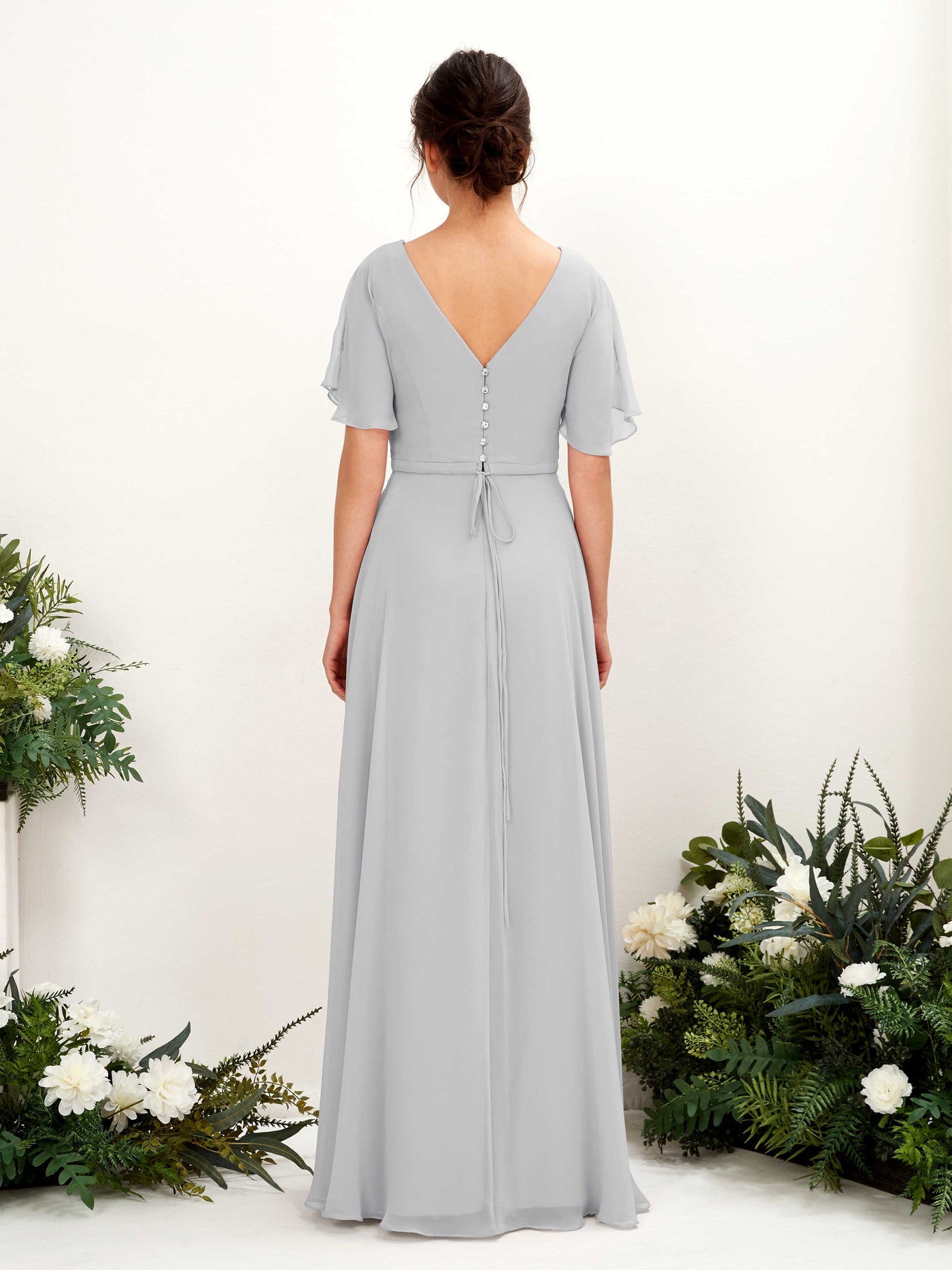 Carlyna Vestido Línea A Escote en V Escote cruzado Manga con vuelo Hasta el suelo Vestidos de dama de honor Plata #color_plata