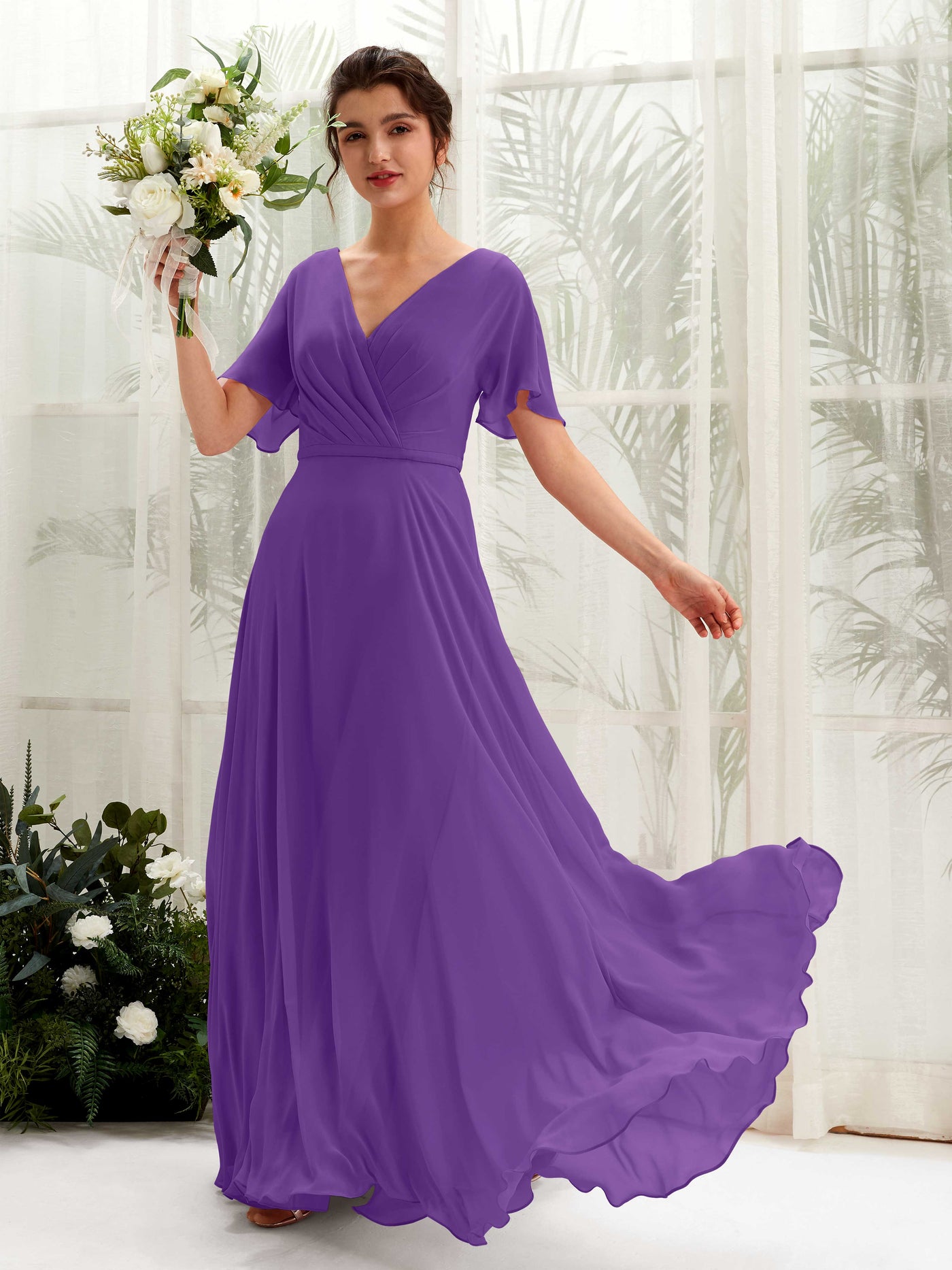 Carlyna Vestido Línea A Escote en V Escote cruzado Manga con vuelo Hasta el suelo Vestidos de dama de honor Regencia #color_regencia