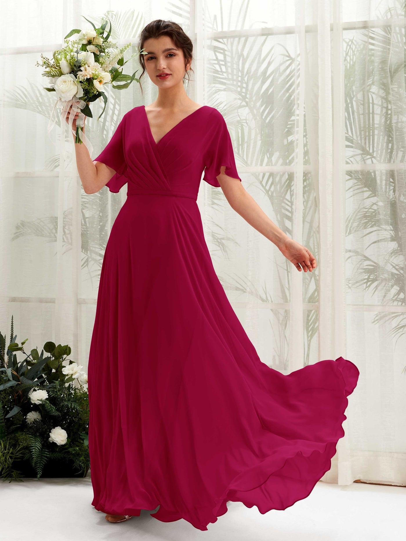 Carlyna Vestido Línea A Escote en V Escote cruzado Manga con vuelo Hasta el suelo Vestidos de dama de honor Rojo Bufón #color_rojo-buf-n