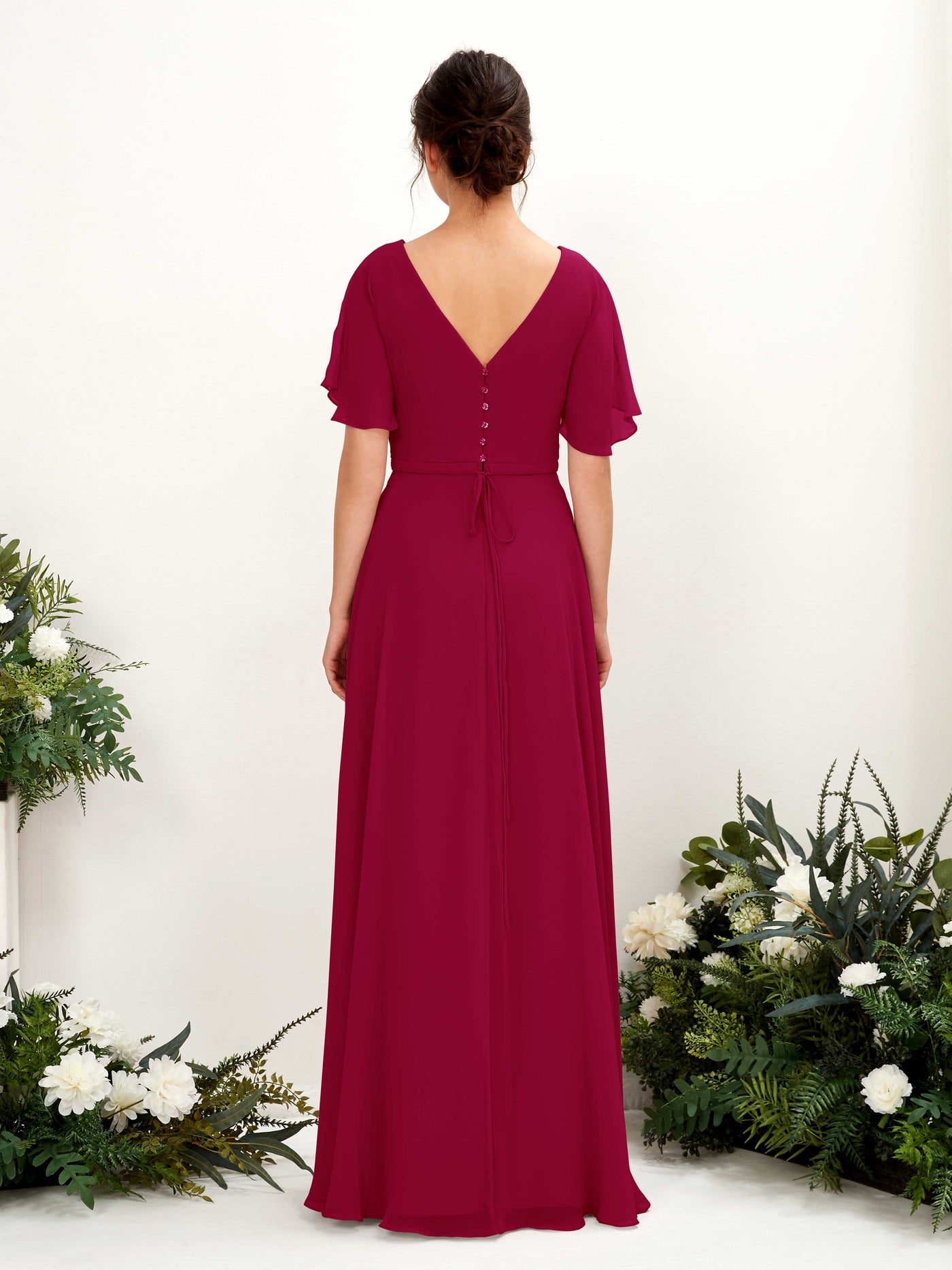 Carlyna Vestido Línea A Escote en V Escote cruzado Manga con vuelo Hasta el suelo Vestidos de dama de honor Rojo Bufón #color_rojo-buf-n