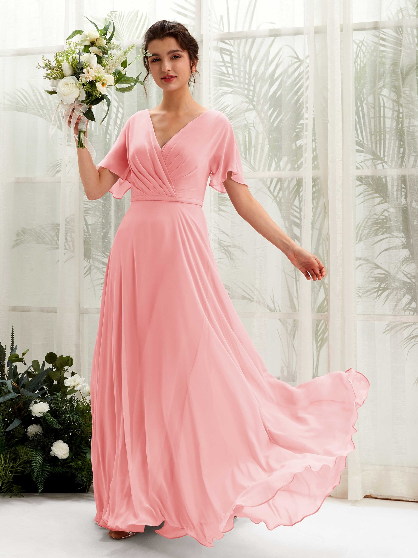 Carlyna Vestido Línea A Escote en V Escote cruzado Manga con vuelo Hasta el suelo Vestidos de dama de honor Rosa Ballet #color_rosa-ballet