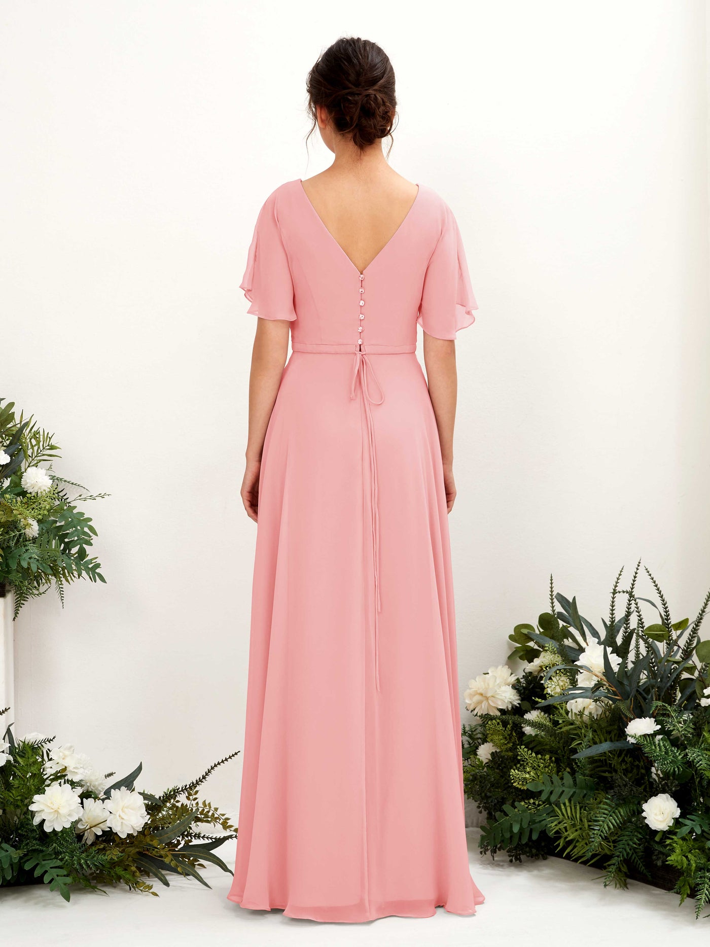 Carlyna Vestido Línea A Escote en V Escote cruzado Manga con vuelo Hasta el suelo Vestidos de dama de honor Rosa Ballet #color_rosa-ballet