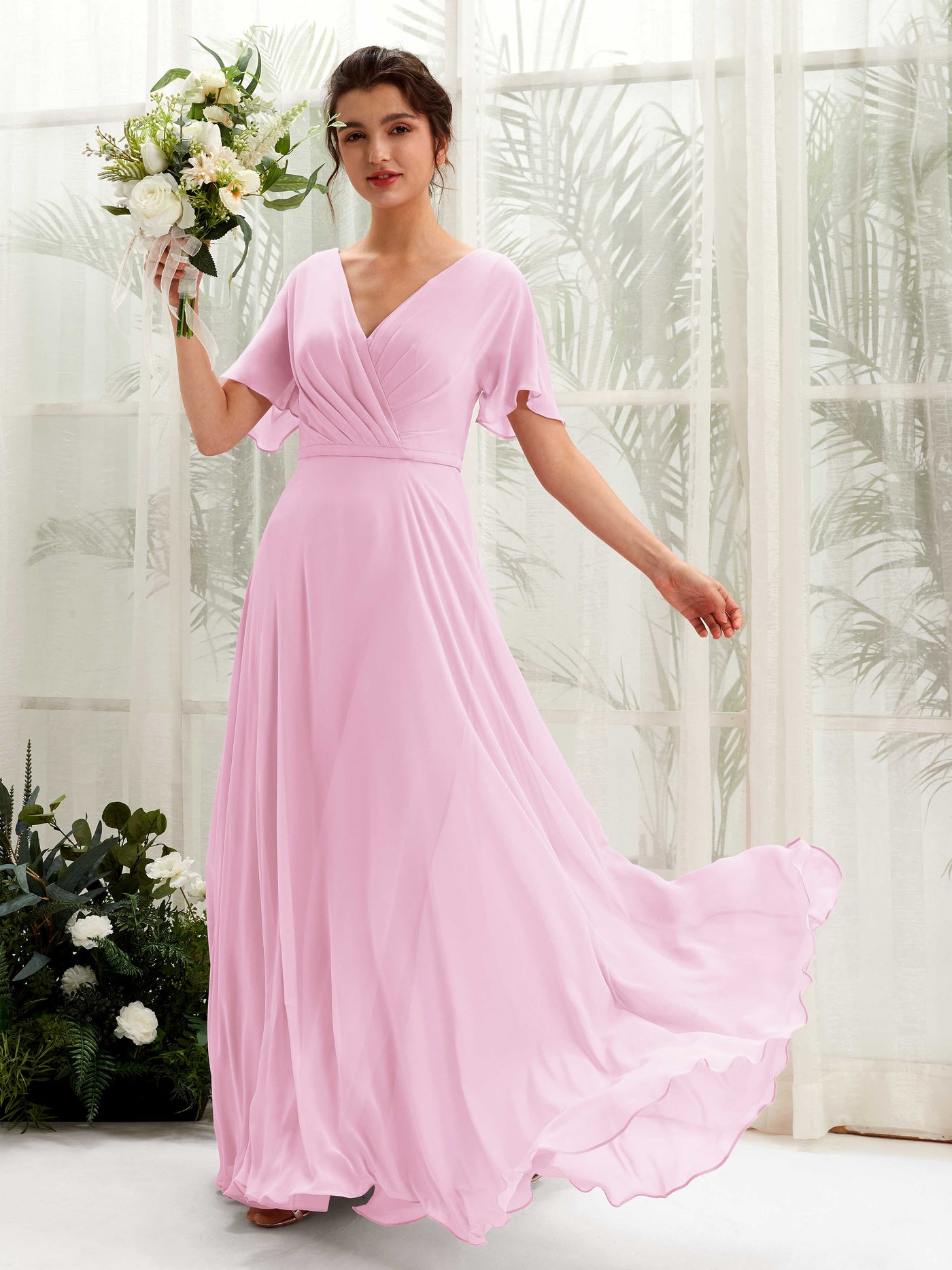 Carlyna Vestido Línea A Escote en V Escote cruzado Manga con vuelo Hasta el suelo Vestidos de dama de honor Rosa Caramelo #color_rosa-caramelo