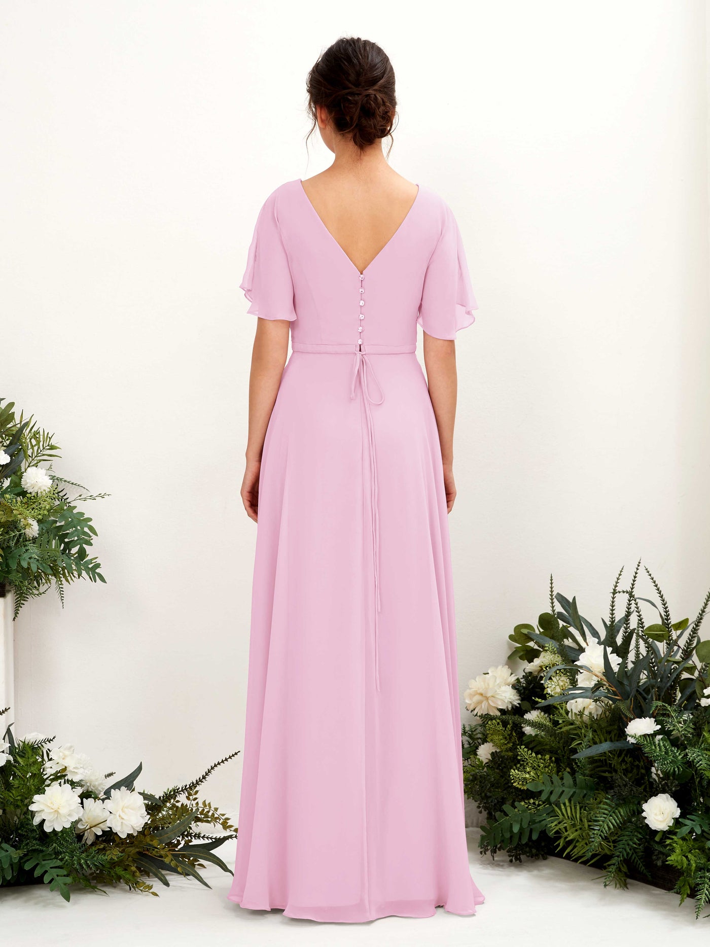 Carlyna Vestido Línea A Escote en V Escote cruzado Manga con vuelo Hasta el suelo Vestidos de dama de honor Rosa Caramelo #color_rosa-caramelo