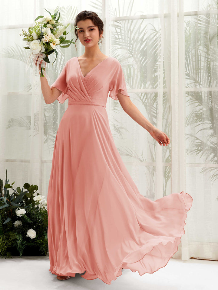 Carlyna Vestido Línea A Escote en V Escote cruzado Manga con vuelo Hasta el suelo Vestidos de dama de honor Rosa Champán 