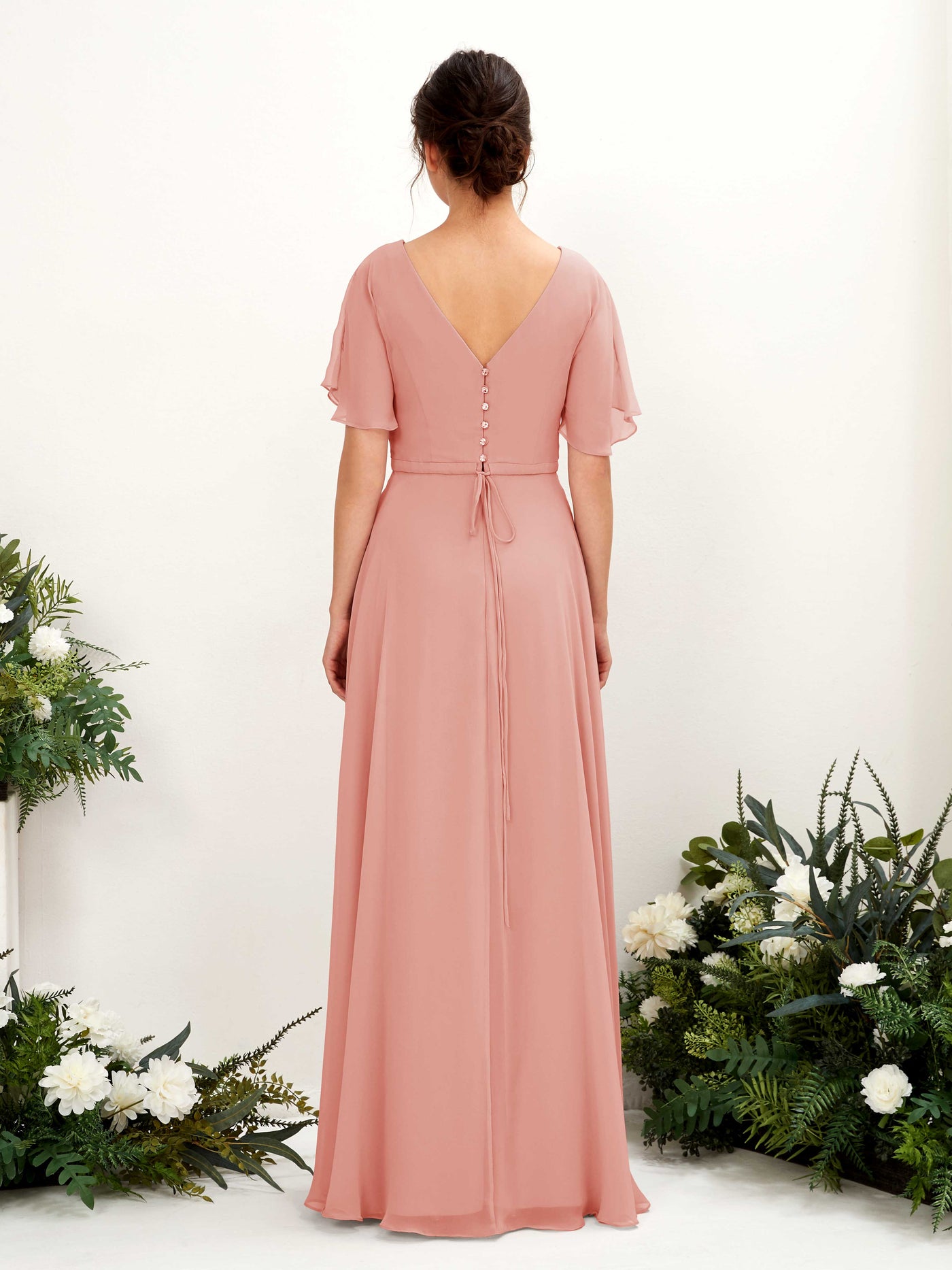 Carlyna Vestido Línea A Escote en V Escote cruzado Manga con vuelo Hasta el suelo Vestidos de dama de honor Rosa Champán #color_rosa-champ-n