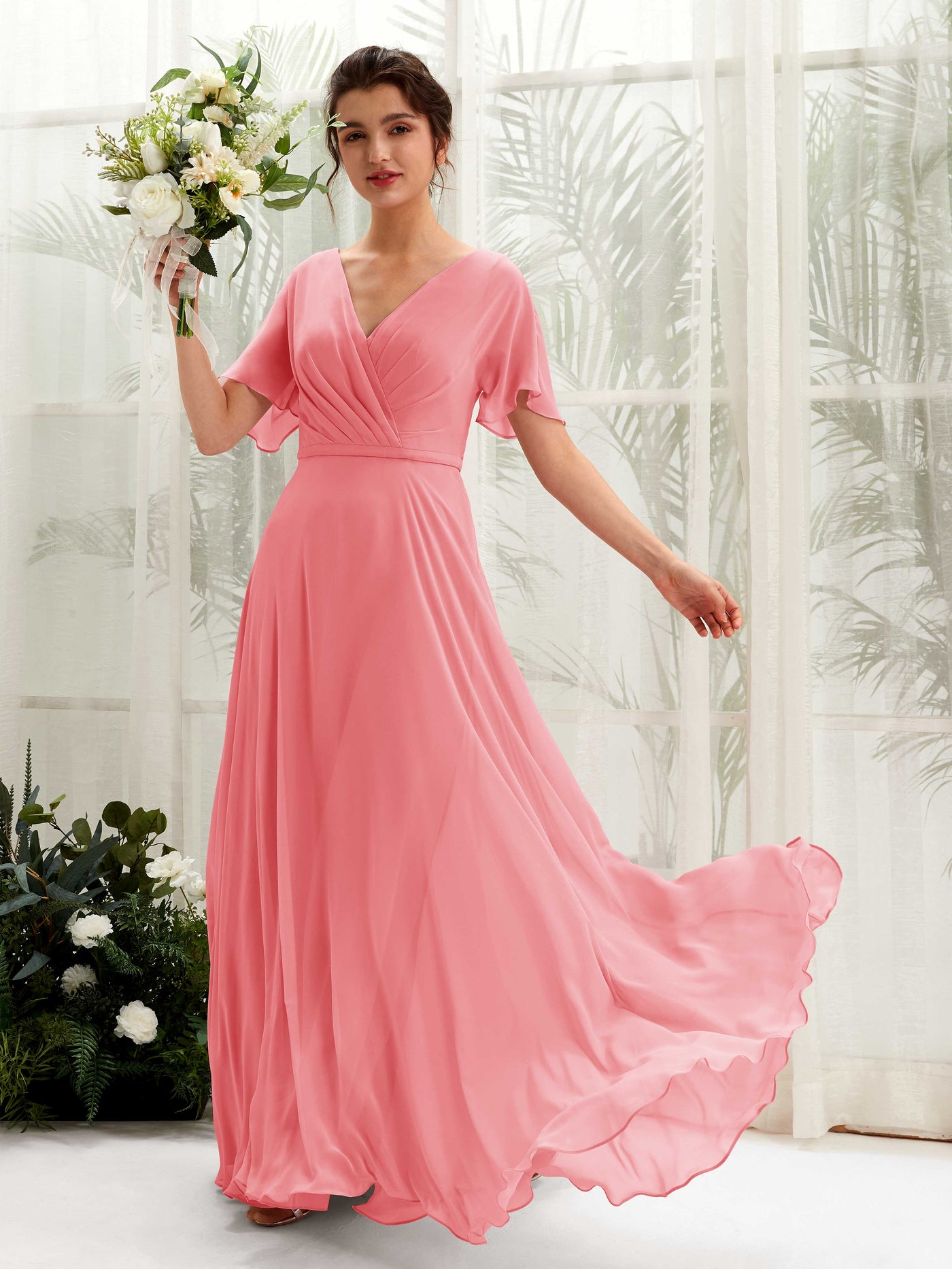 Carlyna Vestido Línea A Escote en V Escote cruzado Manga con vuelo Hasta el suelo Vestidos de dama de honor Rosa Coral #color_rosa-coral