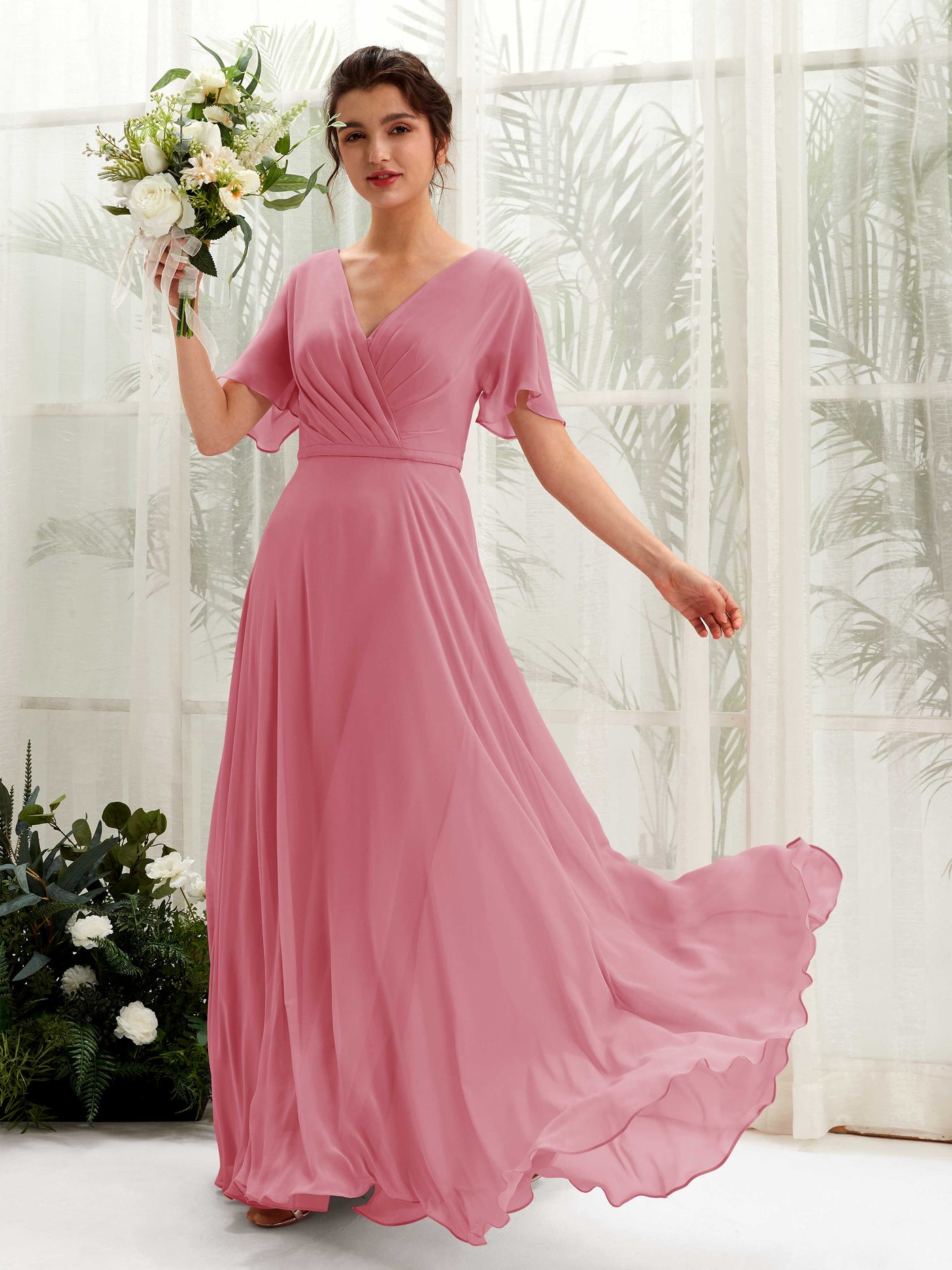 Carlyna Vestido Línea A Escote en V Escote cruzado Manga con vuelo Hasta el suelo Vestidos de dama de honor Rosa Del Desierto #color_rosa-del-desierto