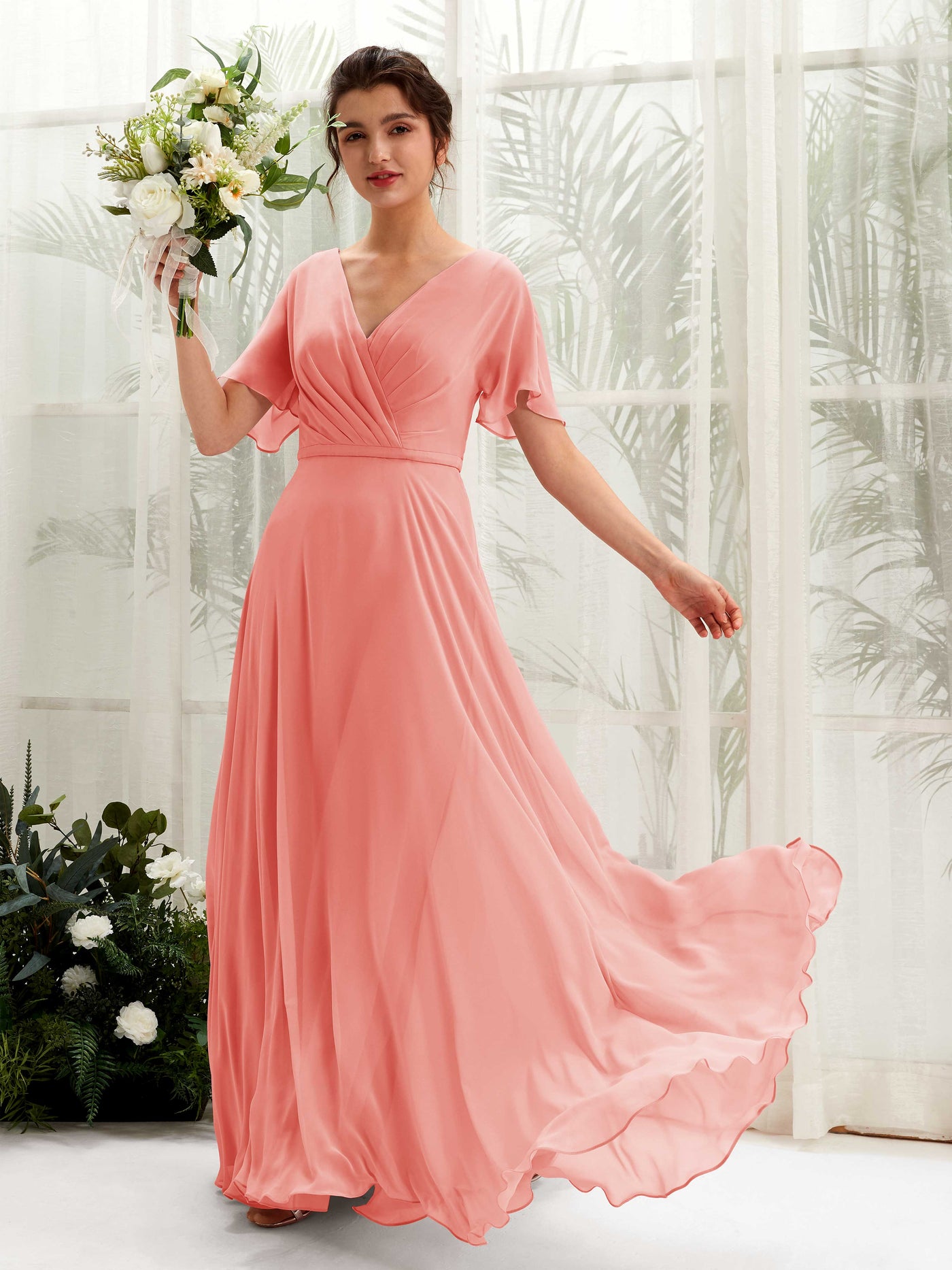 Carlyna Vestido Línea A Escote en V Escote cruzado Manga con vuelo Hasta el suelo Vestidos de dama de honor Rosa Melocotón #color_rosa-melocot-n