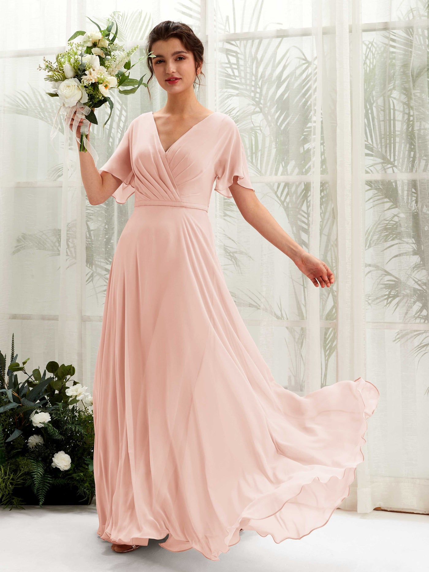Carlyna Vestido Línea A Escote en V Escote cruzado Manga con vuelo Hasta el suelo Vestidos de dama de honor Rosa Perla #color_rosa-perla