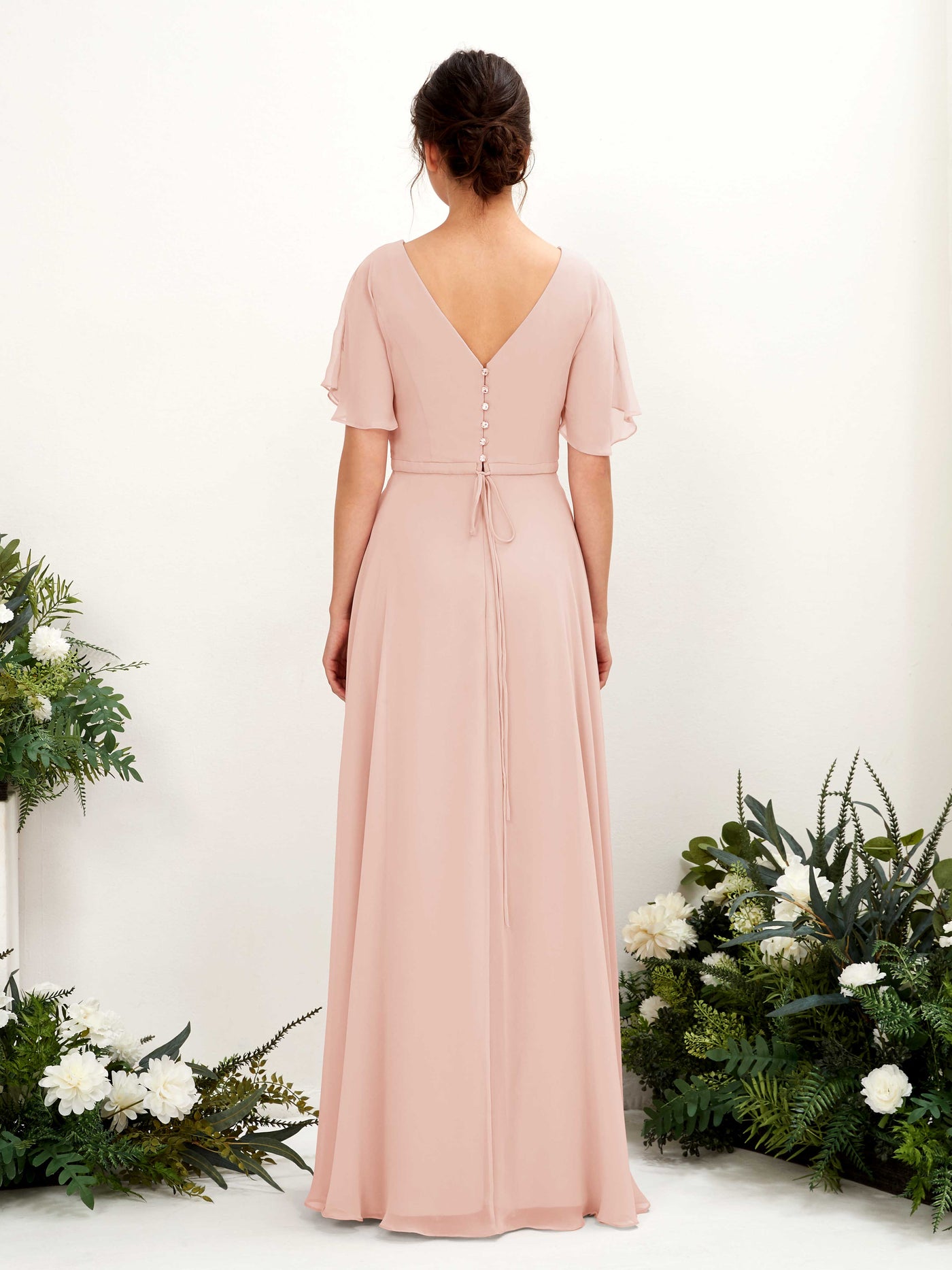 Carlyna Vestido Línea A Escote en V Escote cruzado Manga con vuelo Hasta el suelo Vestidos de dama de honor Rosa Perla #color_rosa-perla