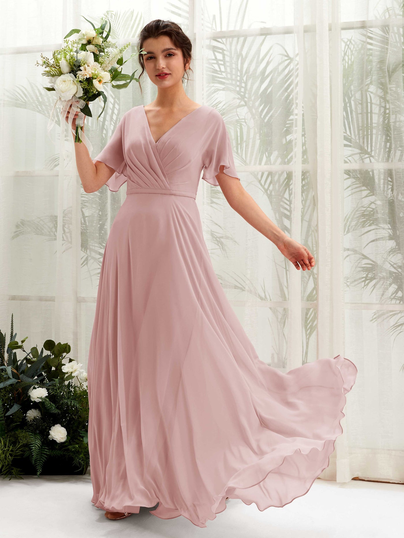 Carlyna Vestido Línea A Escote en V Escote cruzado Manga con vuelo Hasta el suelo Vestidos de dama de honor Rosa Polvorienta #color_rosa-polvorienta