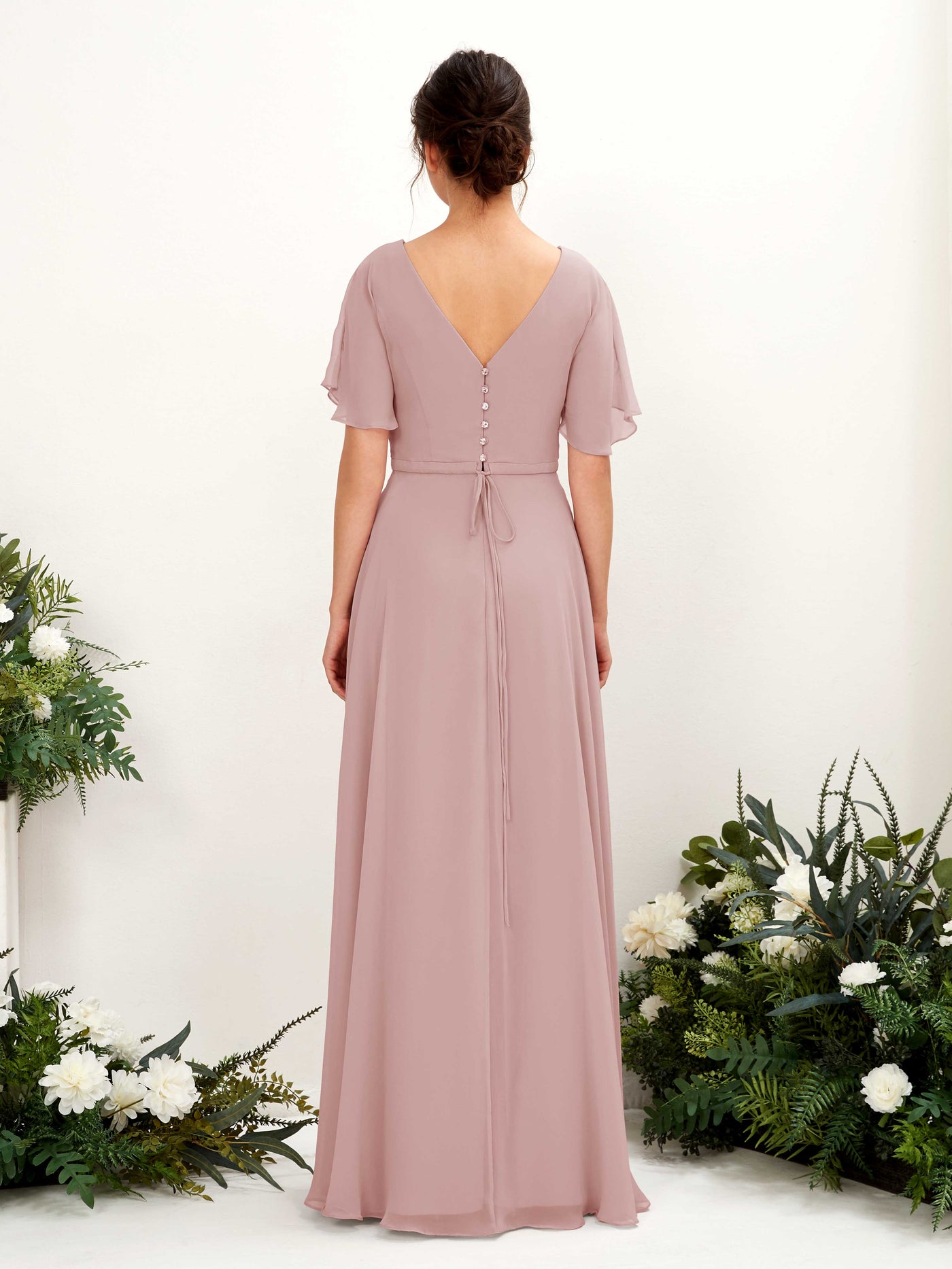 Carlyna Vestido Línea A Escote en V Escote cruzado Manga con vuelo Hasta el suelo Vestidos de dama de honor Rosa Polvorienta #color_rosa-polvorienta