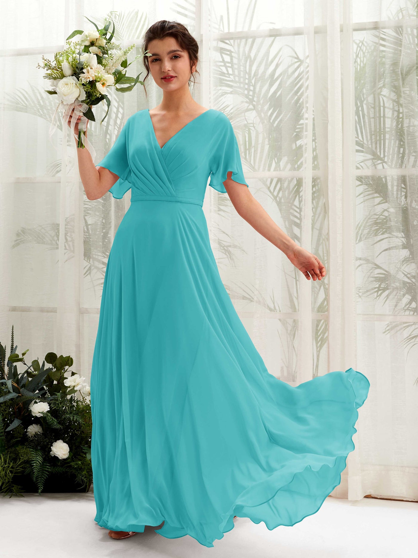 Carlyna Vestido Línea A Escote en V Escote cruzado Manga con vuelo Hasta el suelo Vestidos de dama de honor Turquesa #color_turquesa