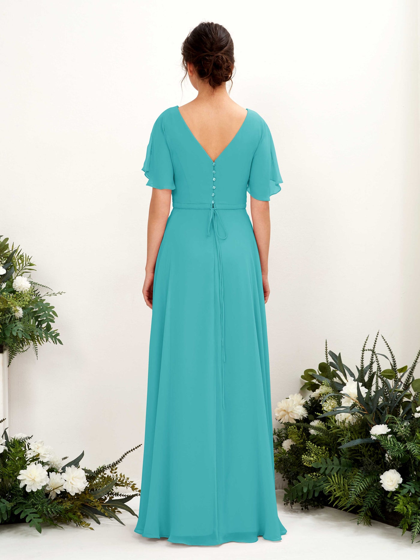Carlyna Vestido Línea A Escote en V Escote cruzado Manga con vuelo Hasta el suelo Vestidos de dama de honor Turquesa #color_turquesa