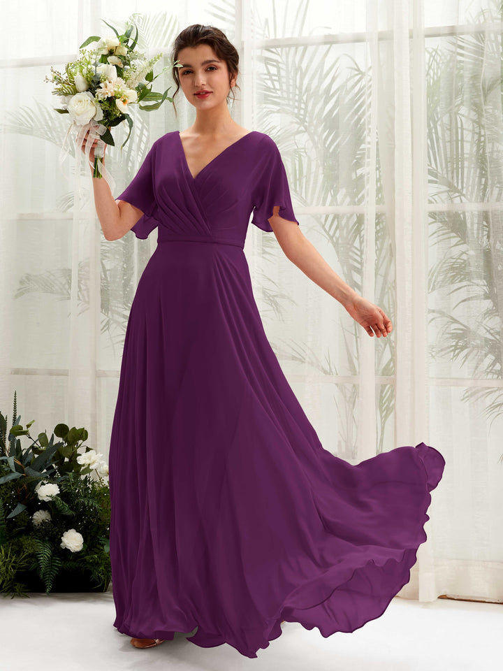Carlyna Vestido Línea A Escote en V Escote cruzado Manga con vuelo Hasta el suelo Vestidos de dama de honor Uva 