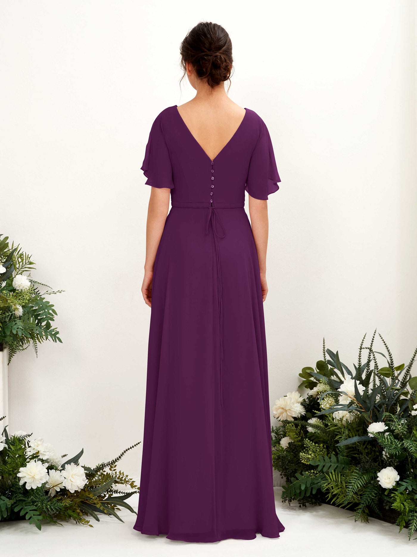 Carlyna Vestido Línea A Escote en V Escote cruzado Manga con vuelo Hasta el suelo Vestidos de dama de honor Uva #color_uva
