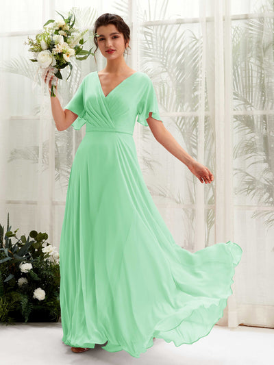 Carlyna Vestido Línea A Escote en V Escote cruzado Manga con vuelo Hasta el suelo Vestidos de dama de honor Verde Menta #color_verde-menta