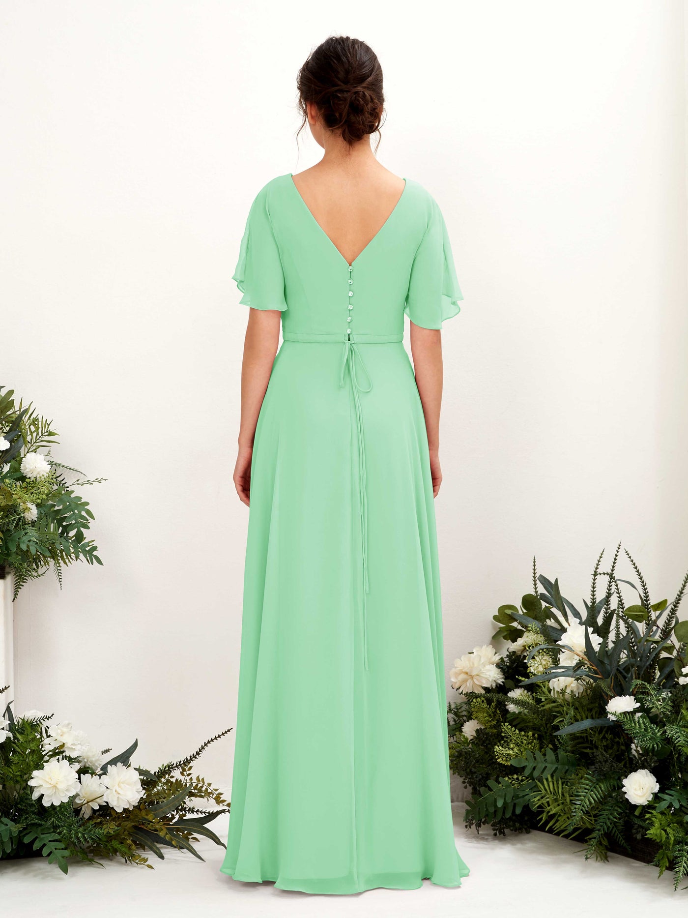 Carlyna Vestido Línea A Escote en V Escote cruzado Manga con vuelo Hasta el suelo Vestidos de dama de honor Verde Menta #color_verde-menta