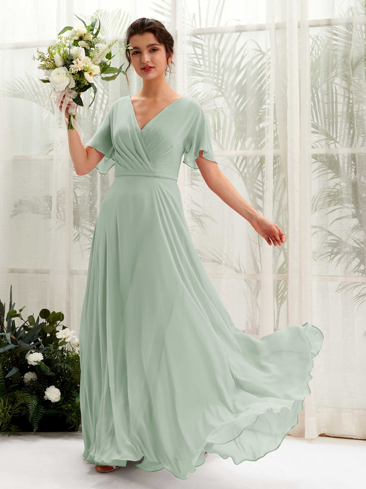 Carlyna Vestido Línea A Escote en V Escote cruzado Manga con vuelo Hasta el suelo Vestidos de dama de honor Verde Salvia 