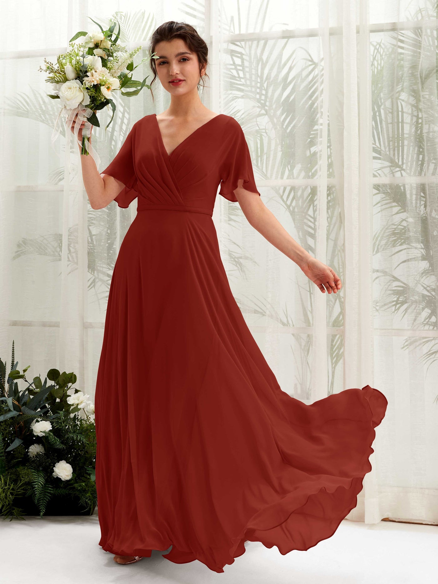 Carlyna Vestido Línea A Escote en V Escote cruzado Manga con vuelo Hasta el suelo Vestidos de dama de honor Óxido #color_xido