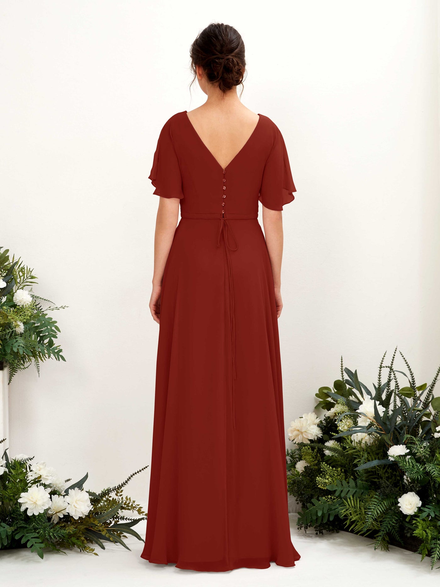 Carlyna Vestido Línea A Escote en V Escote cruzado Manga con vuelo Hasta el suelo Vestidos de dama de honor Óxido #color_xido