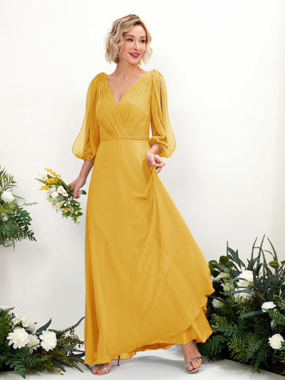 Carlyna Vestido Línea A Escote en V Escote cruzado Manga tres cuartos Hasta el suelo Vestidos de dama de honor Amarillo Mostaza #color_amarillo-mostaza