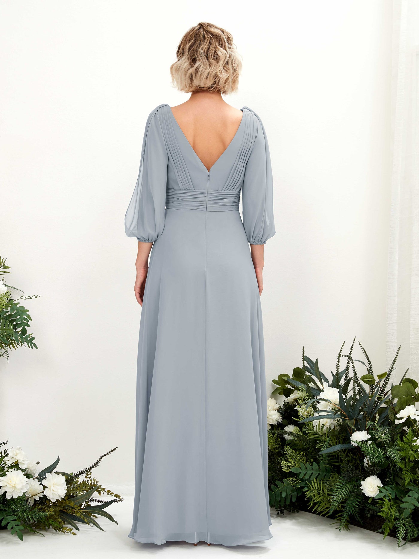 Carlyna Vestido Línea A Escote en V Escote cruzado Manga tres cuartos Hasta el suelo Vestidos de dama de honor Azul Empolvado Mejorado #color_azul-empolvado-mejorado
