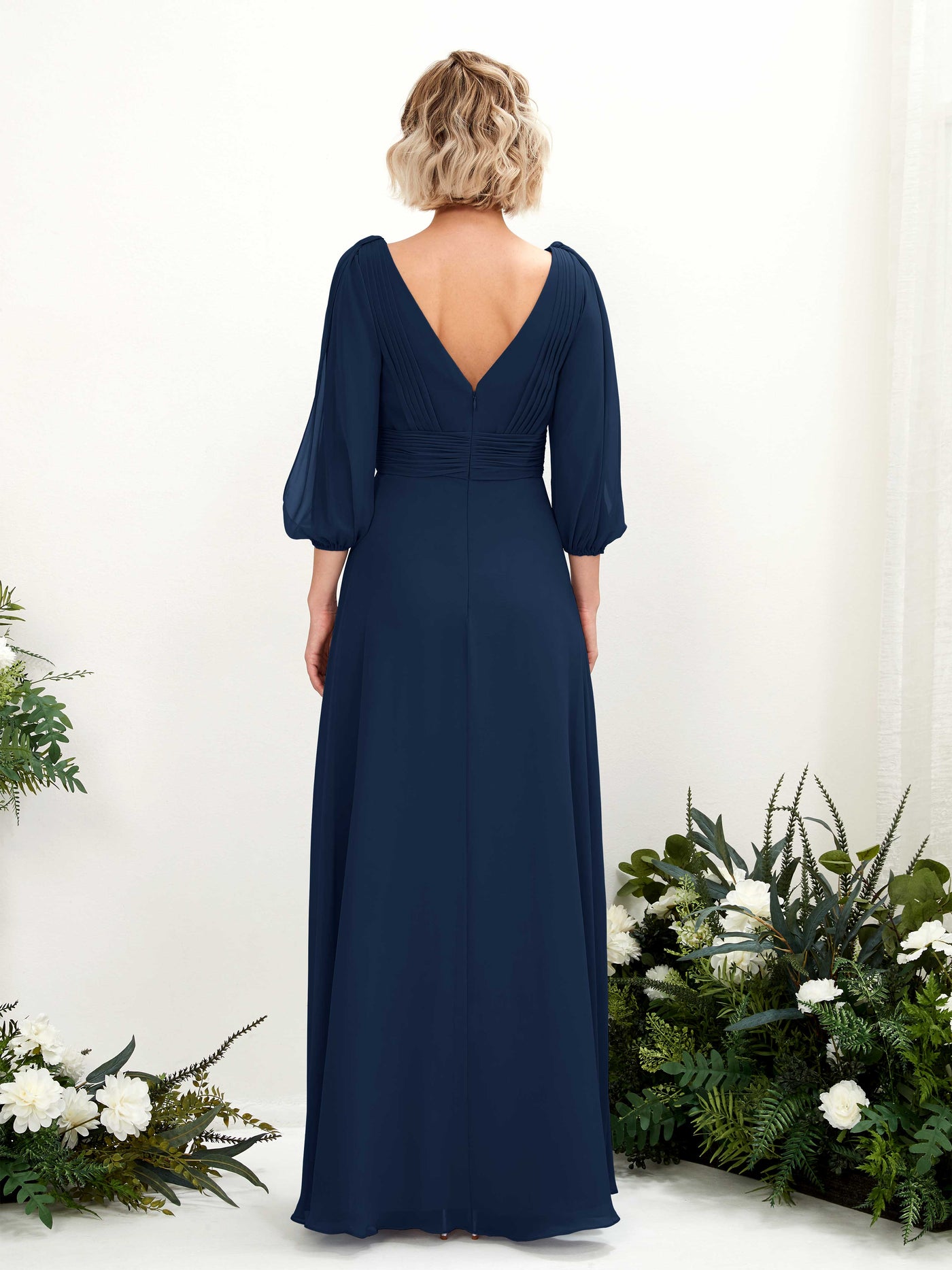 Carlyna Vestido Línea A Escote en V Escote cruzado Manga tres cuartos Hasta el suelo Vestidos de dama de honor Azul Marino #color_azul-marino