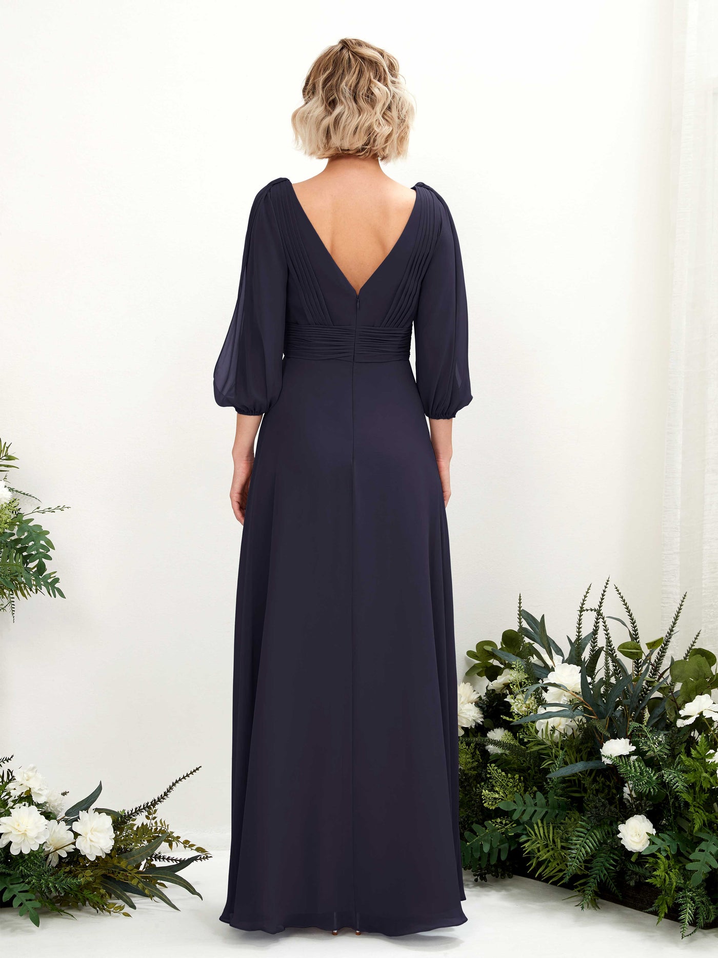 Carlyna Vestido Línea A Escote en V Escote cruzado Manga tres cuartos Hasta el suelo Vestidos de dama de honor Azul Marino Oscuro #color_azul-marino-oscuro