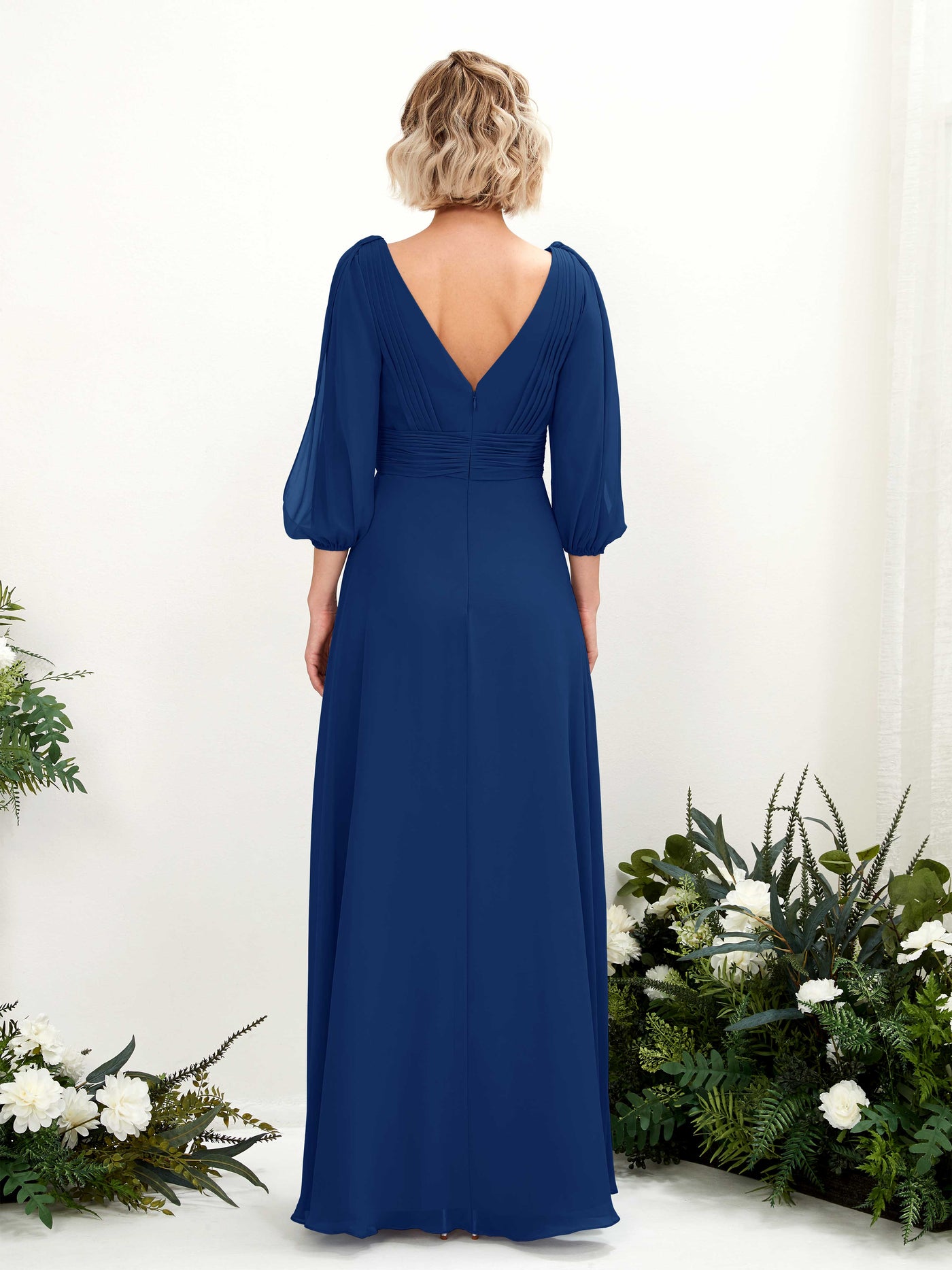 Carlyna Vestido Línea A Escote en V Escote cruzado Manga tres cuartos Hasta el suelo Vestidos de dama de honor Azul Real #color_azul-real