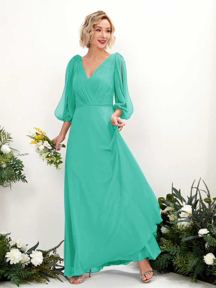 Carlyna Vestido Línea A Escote en V Escote cruzado Manga tres cuartos Hasta el suelo Vestidos de dama de honor Azul Tiffany 
