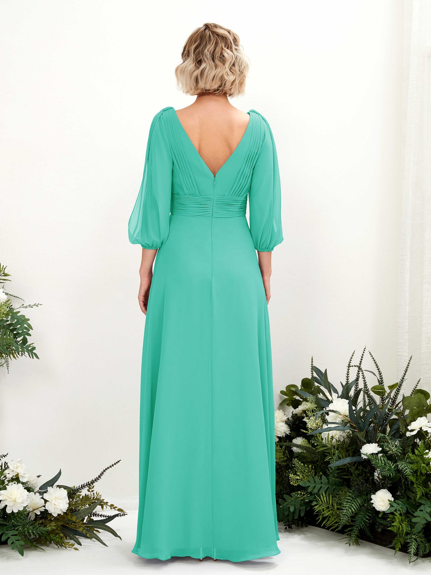 Carlyna Vestido Línea A Escote en V Escote cruzado Manga tres cuartos Hasta el suelo Vestidos de dama de honor Azul Tiffany #color_azul-tiffany
