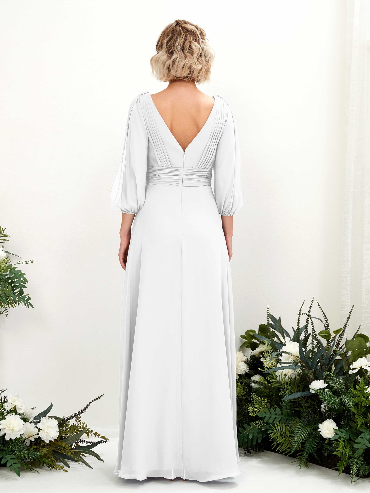 Carlyna Vestido Línea A Escote en V Escote cruzado Manga tres cuartos Hasta el suelo Vestidos de dama de honor Blanco #color_blanco