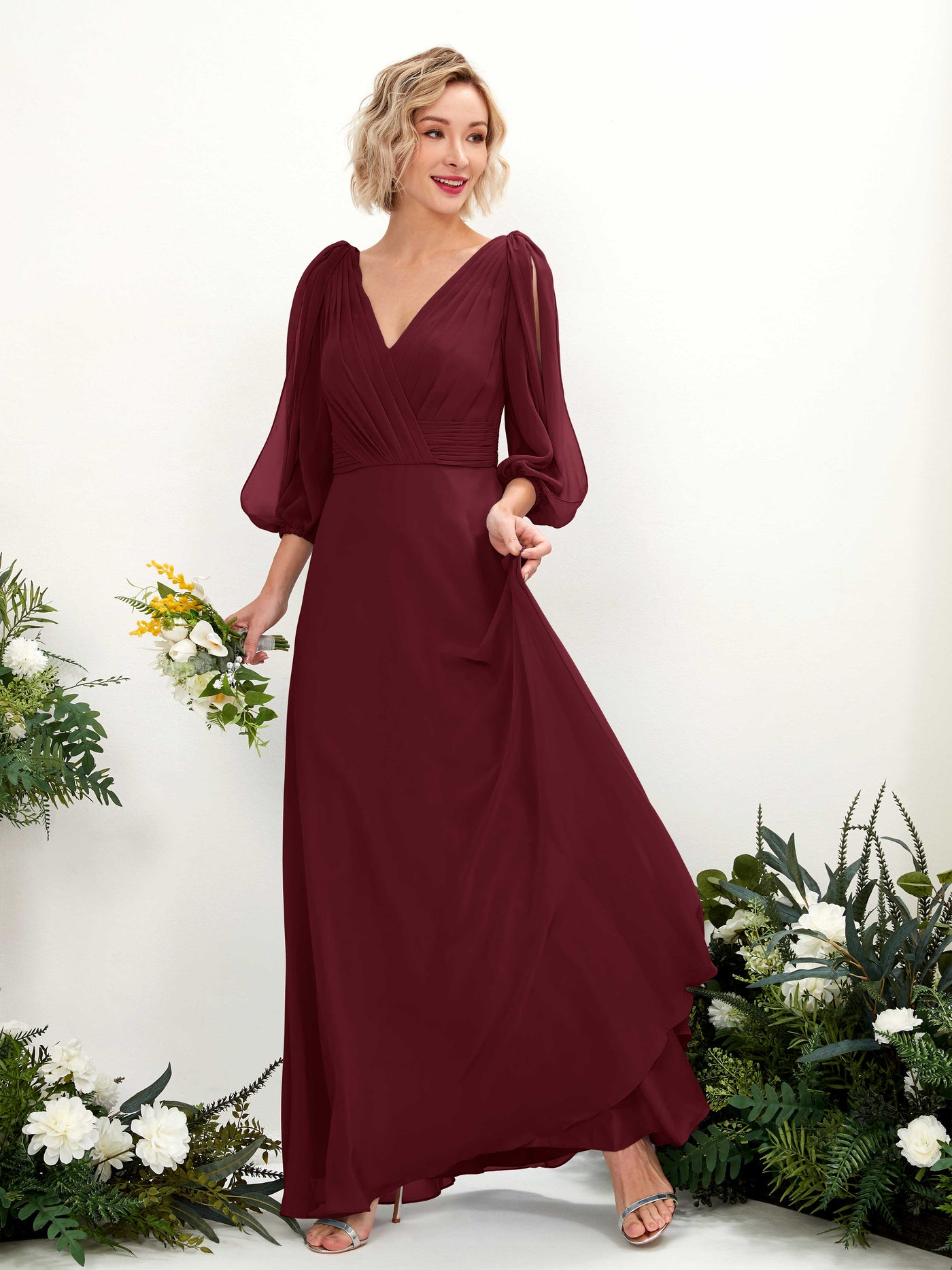 Carlyna Vestido Línea A Escote en V Escote cruzado Manga tres cuartos Hasta el suelo Vestidos de dama de honor Borgoña #color_borgo-a