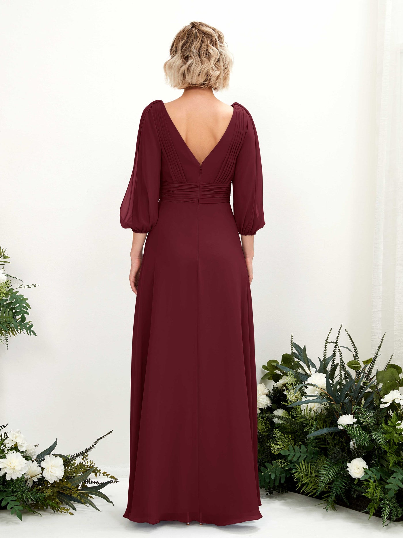 Carlyna Vestido Línea A Escote en V Escote cruzado Manga tres cuartos Hasta el suelo Vestidos de dama de honor Borgoña #color_borgo-a