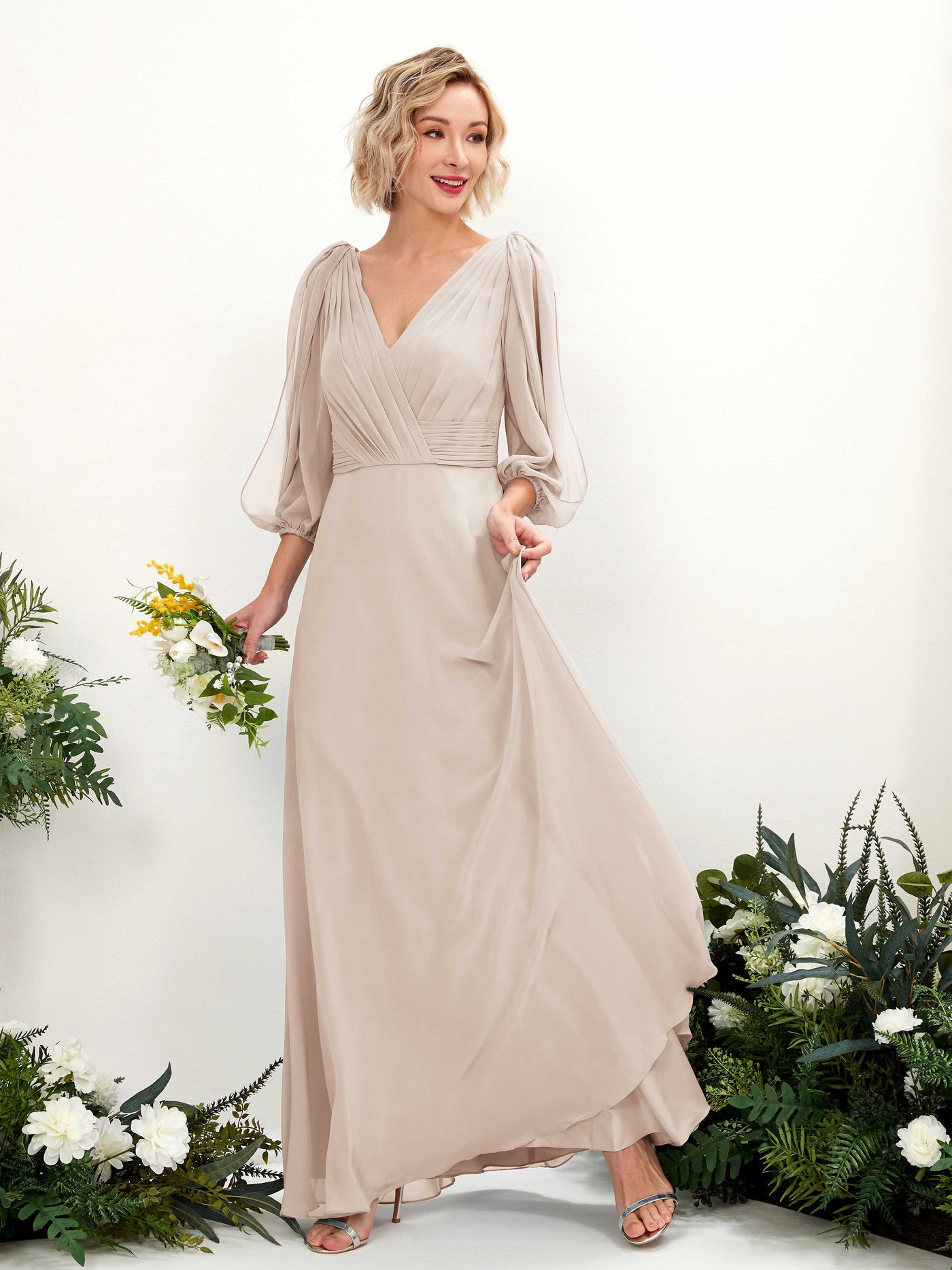 Carlyna Vestido Línea A Escote en V Escote cruzado Manga tres cuartos Hasta el suelo Vestidos de dama de honor Champán #color_champ-n
